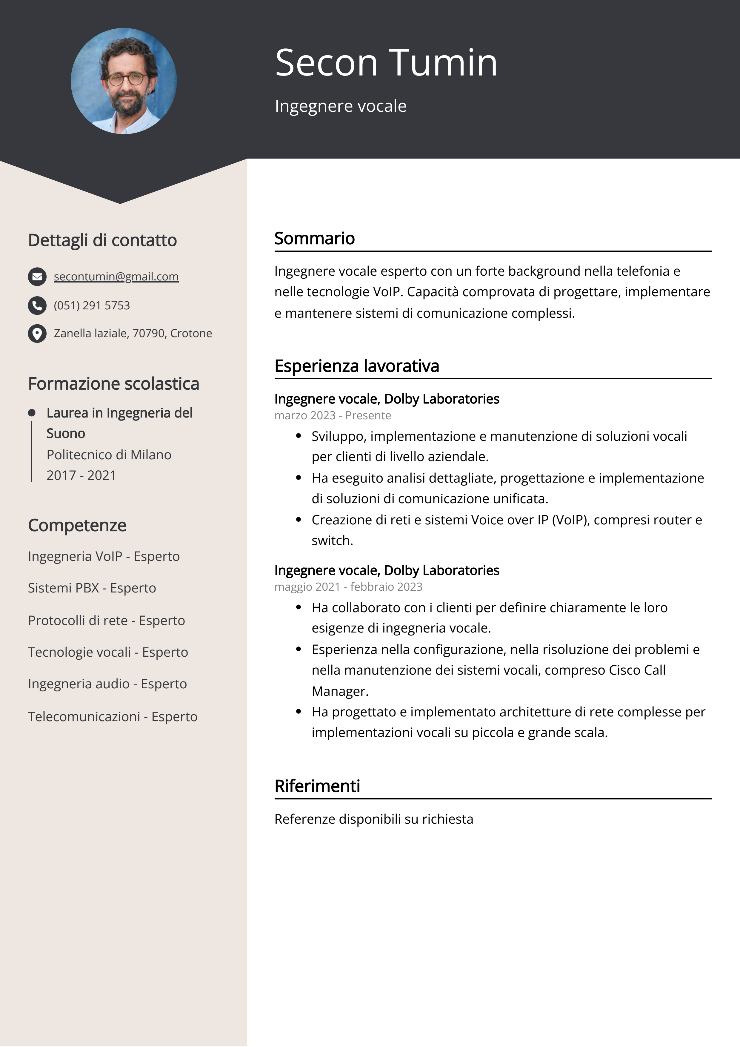 Ingegnere vocale Esempio di curriculum