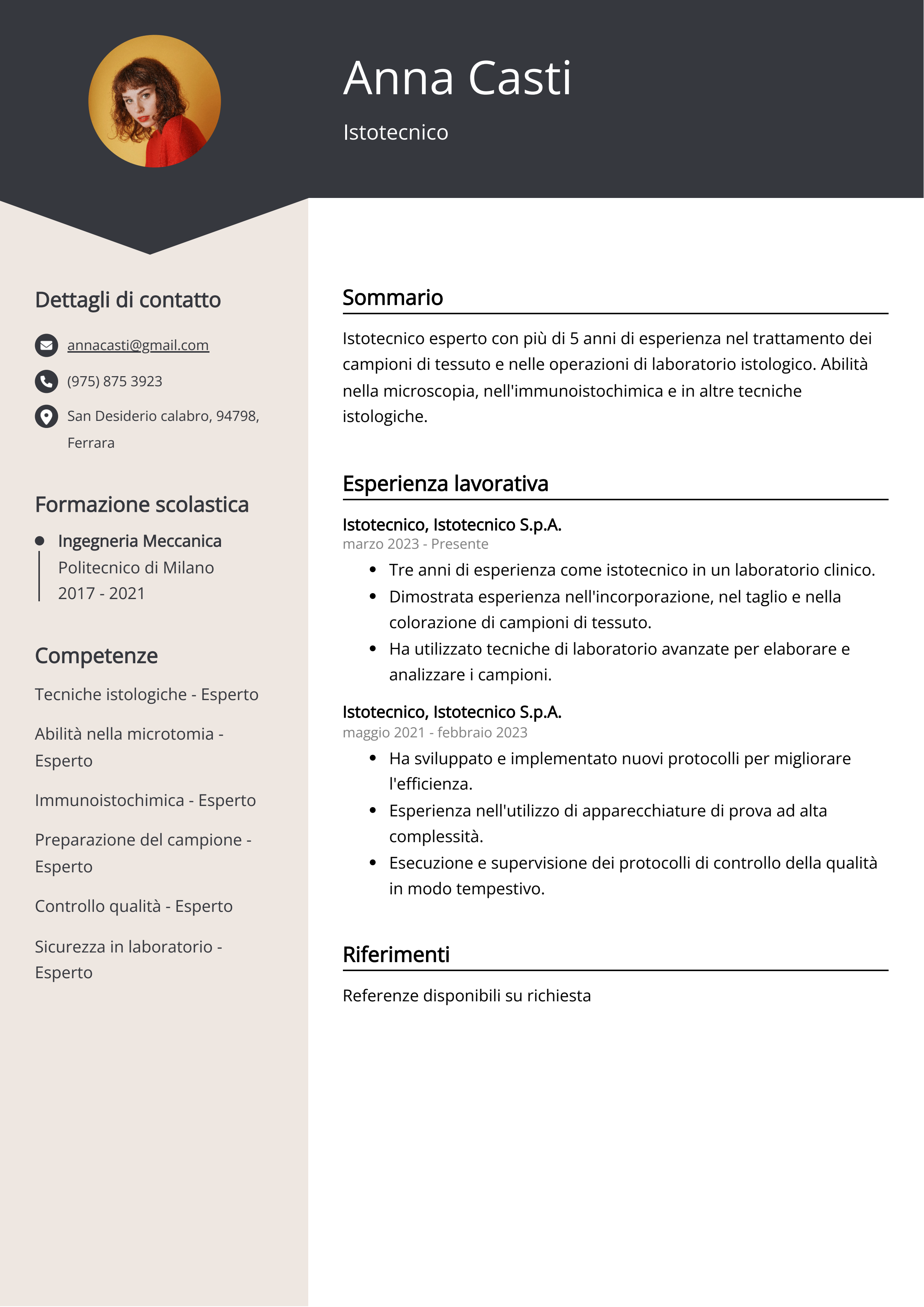 Esempio di curriculum Istotecnico