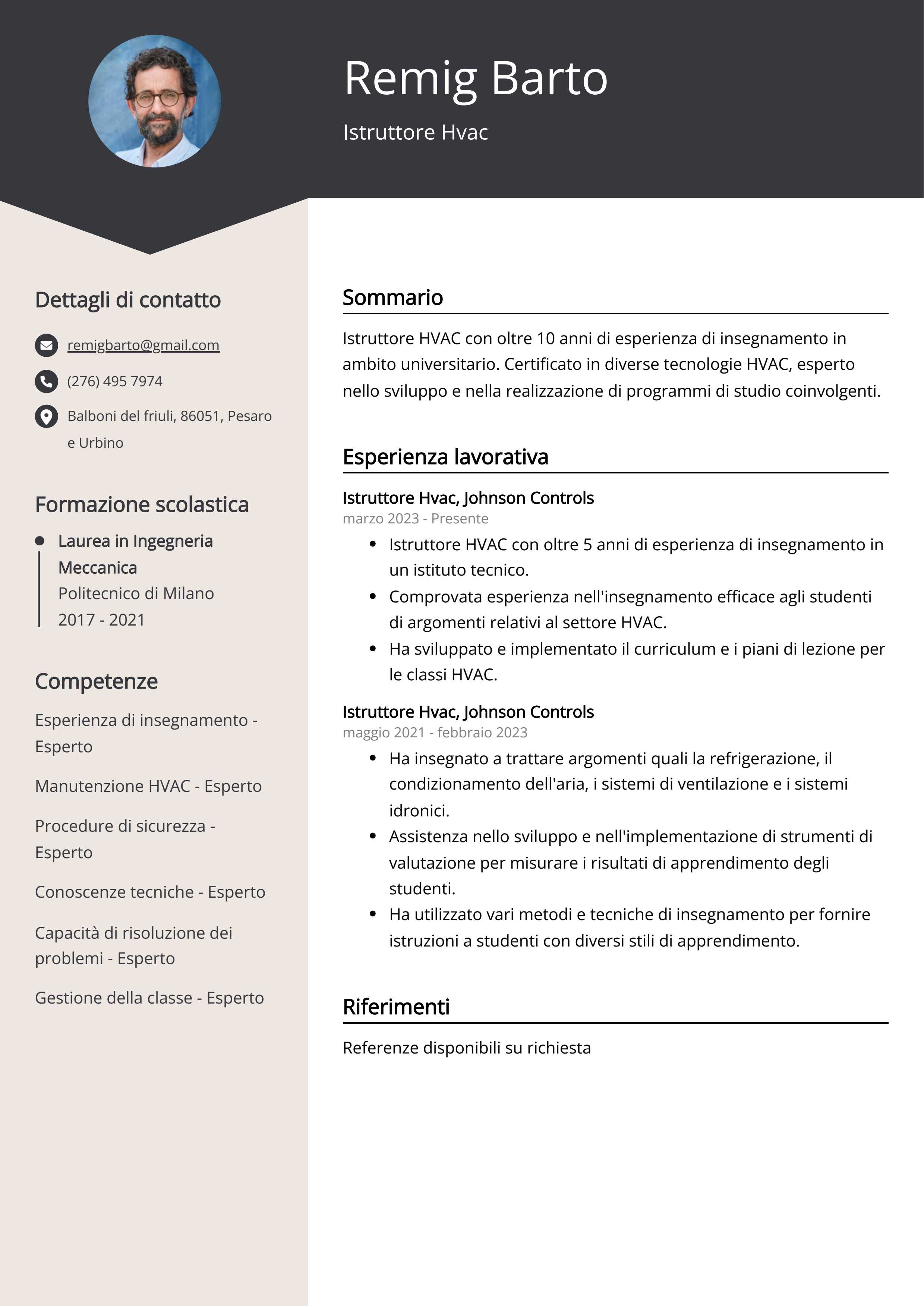 Istruttore Hvac Esempio di curriculum