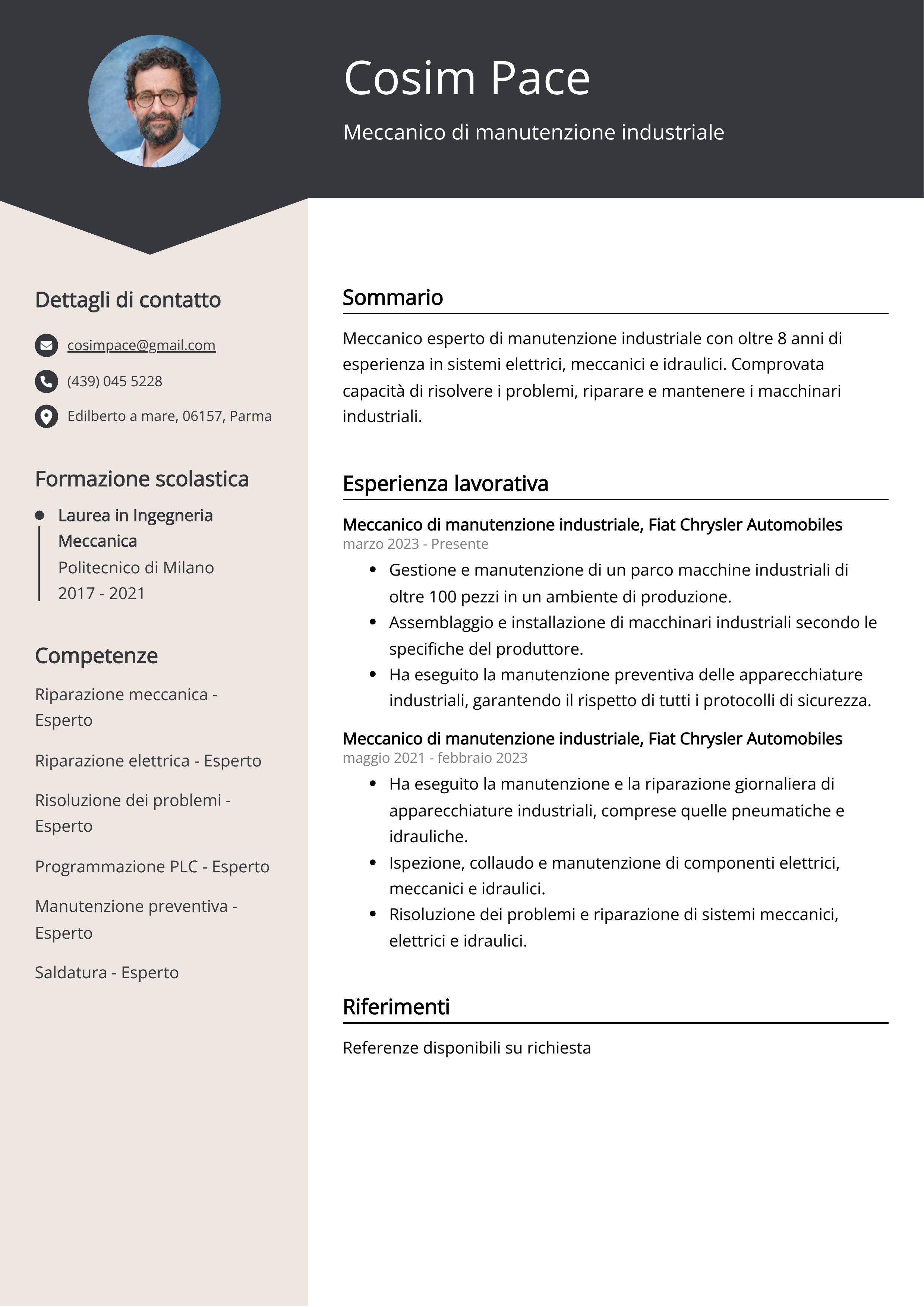 Meccanico di manutenzione industriale Esempio di curriculum