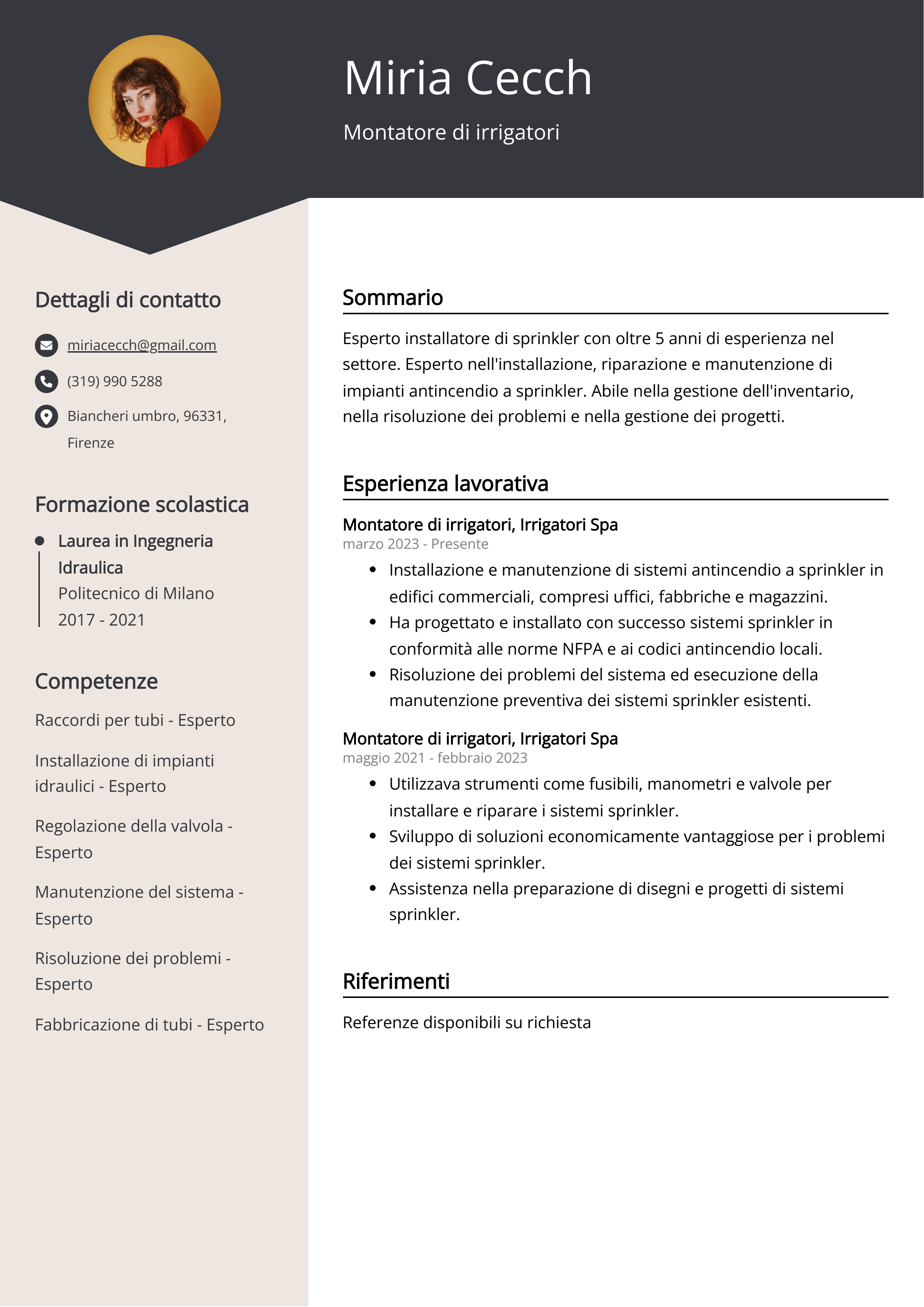 Esempio di curriculum per Montatore di irrigatori