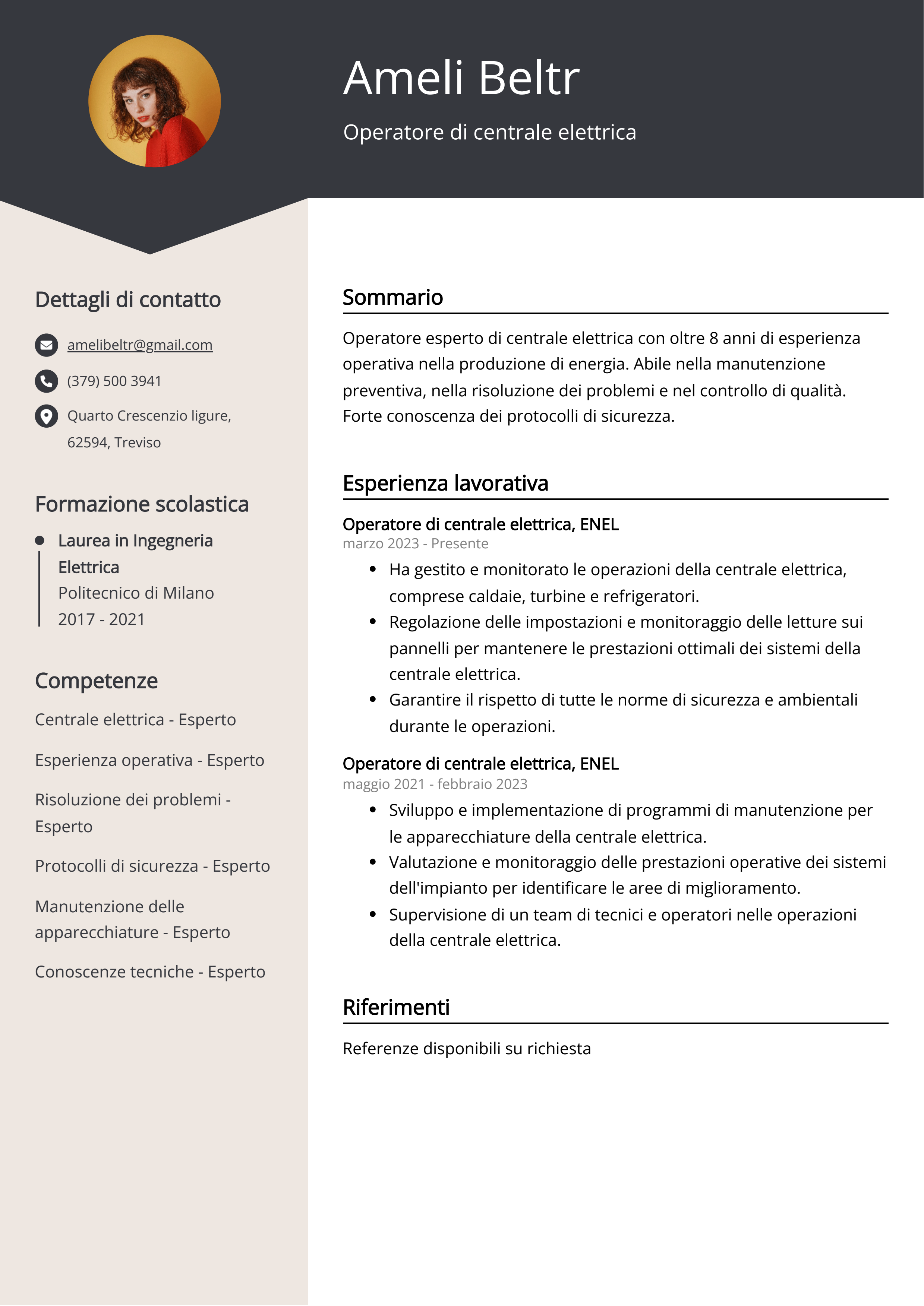 Operatore di centrale elettrica Esempio di curriculum