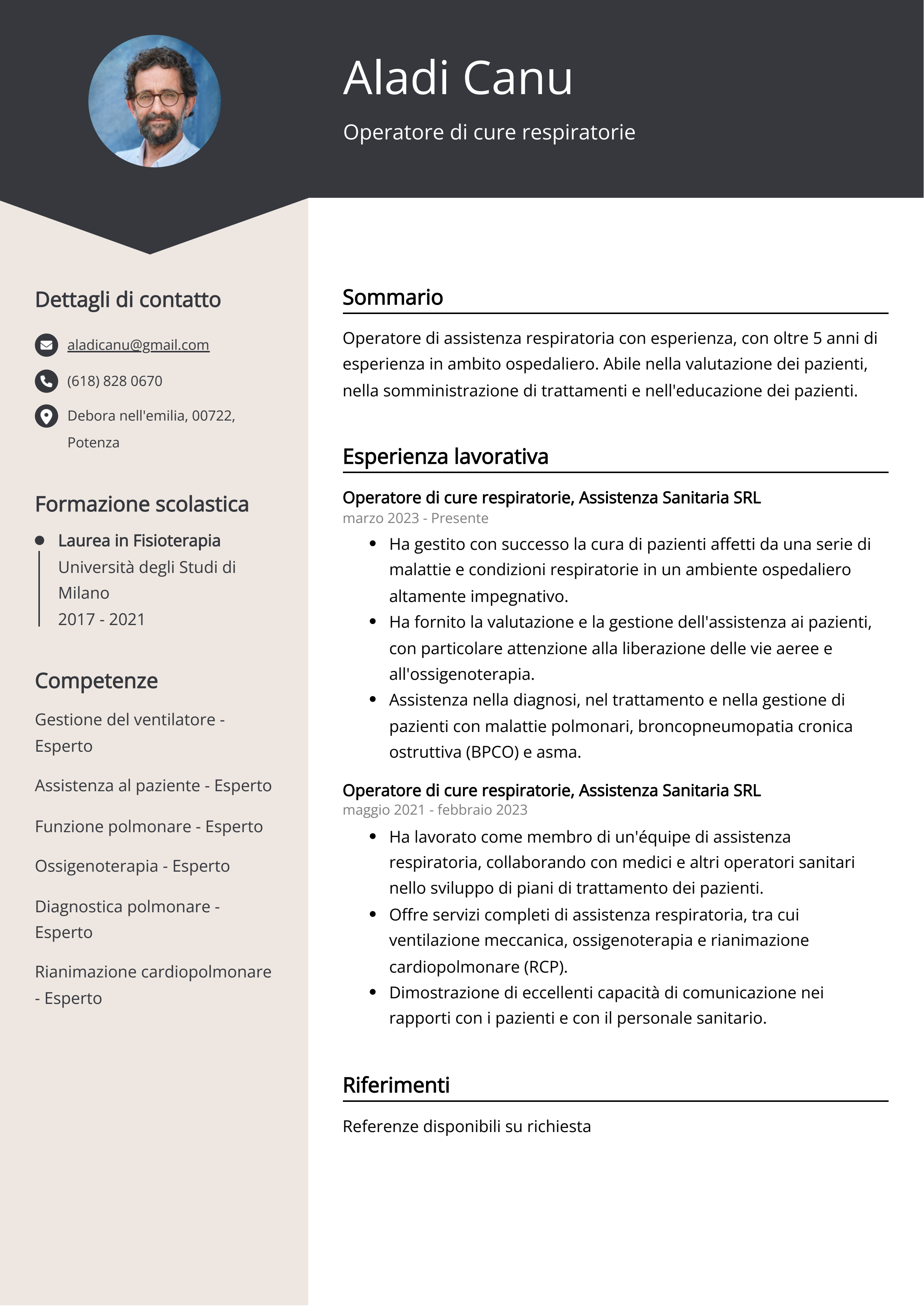 Operatore di cure respiratorie Esempio di curriculum