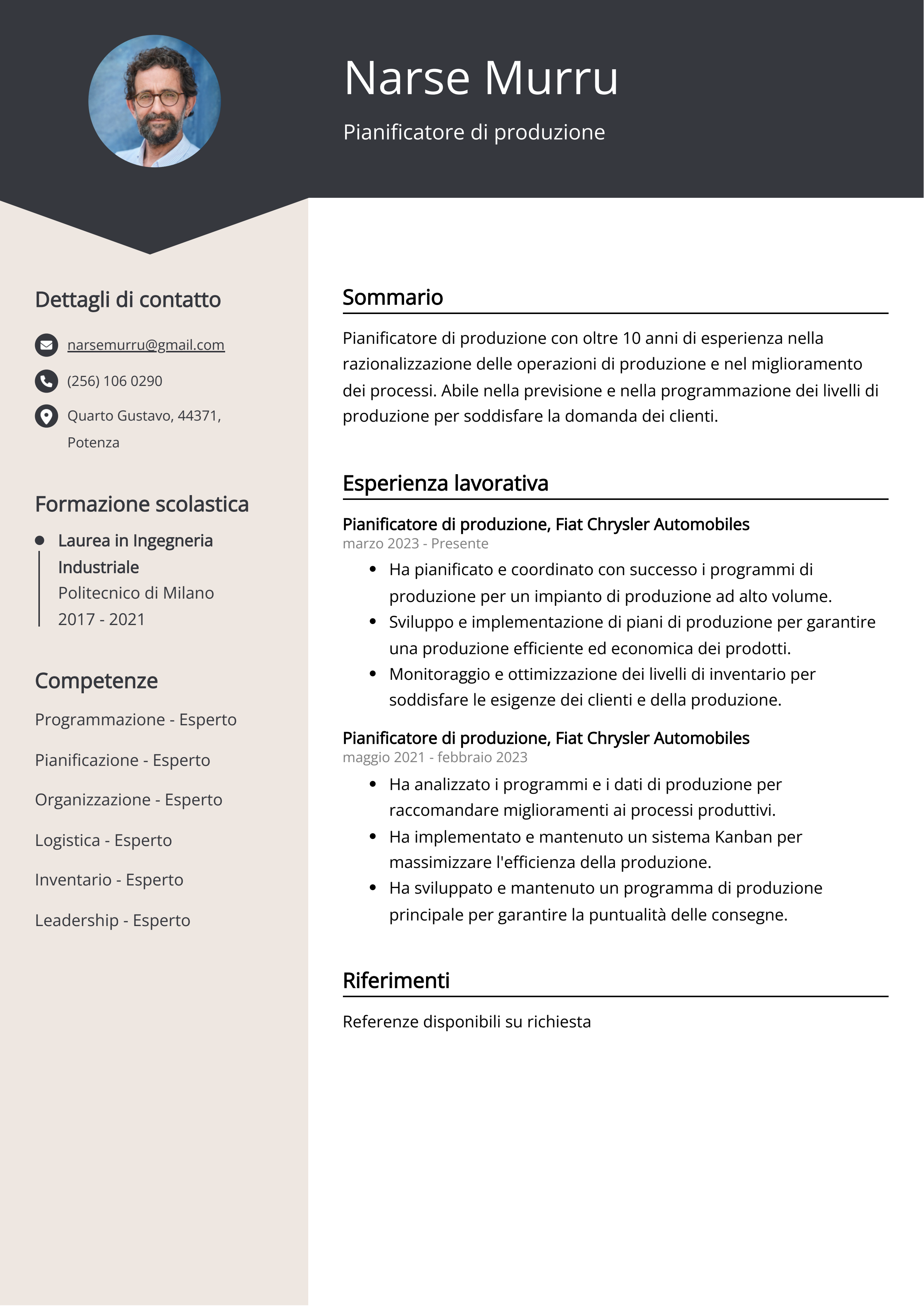 Esempio di curriculum per pianificatore di produzione