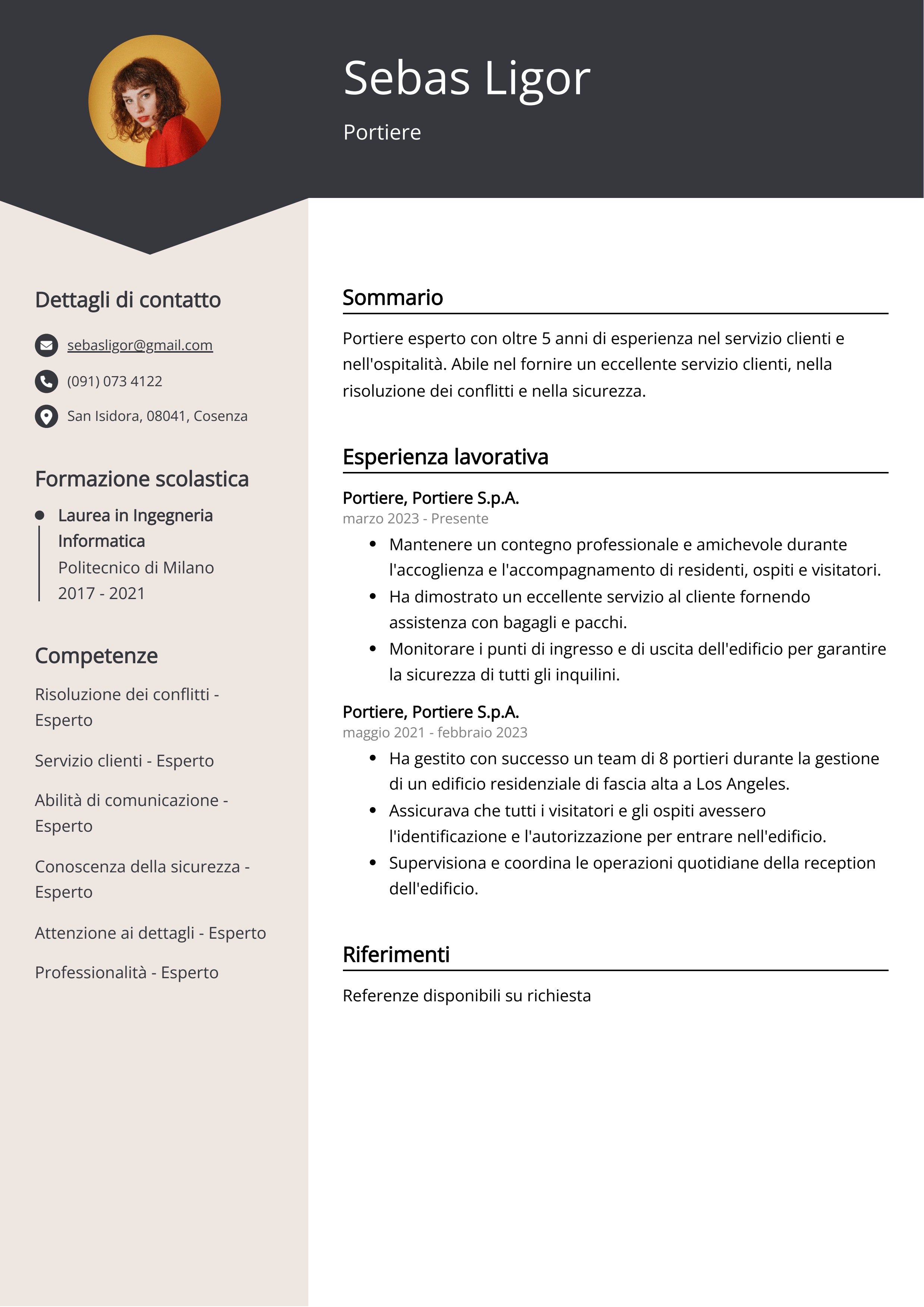 Esempio di curriculum Portiere