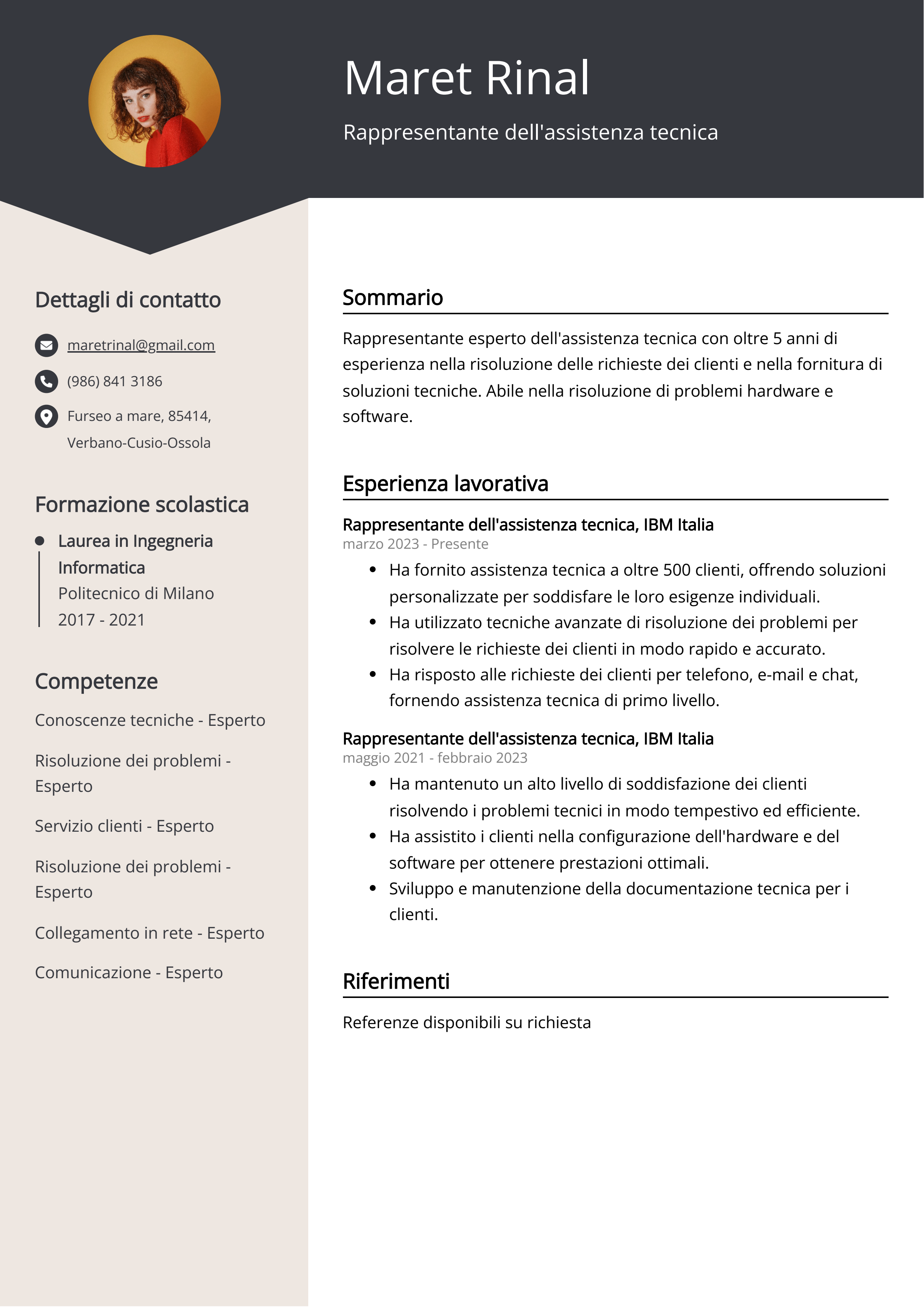 Rappresentante dell'assistenza tecnica Esempio di curriculum