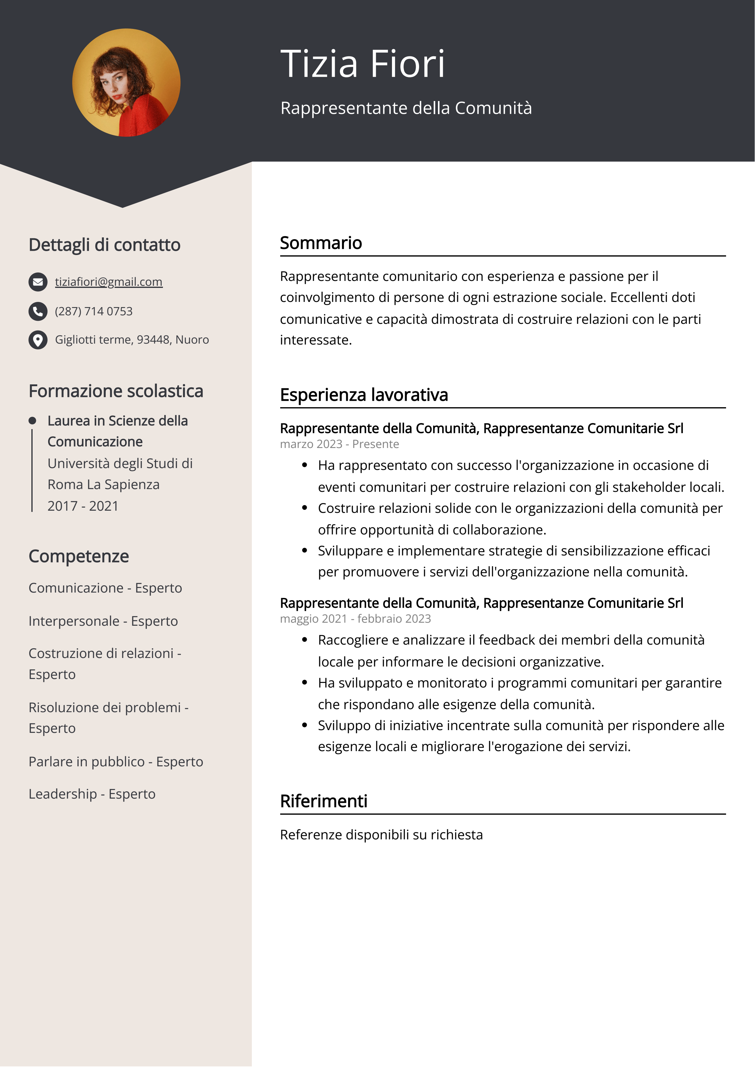 Rappresentante della Comunità Esempio di curriculum