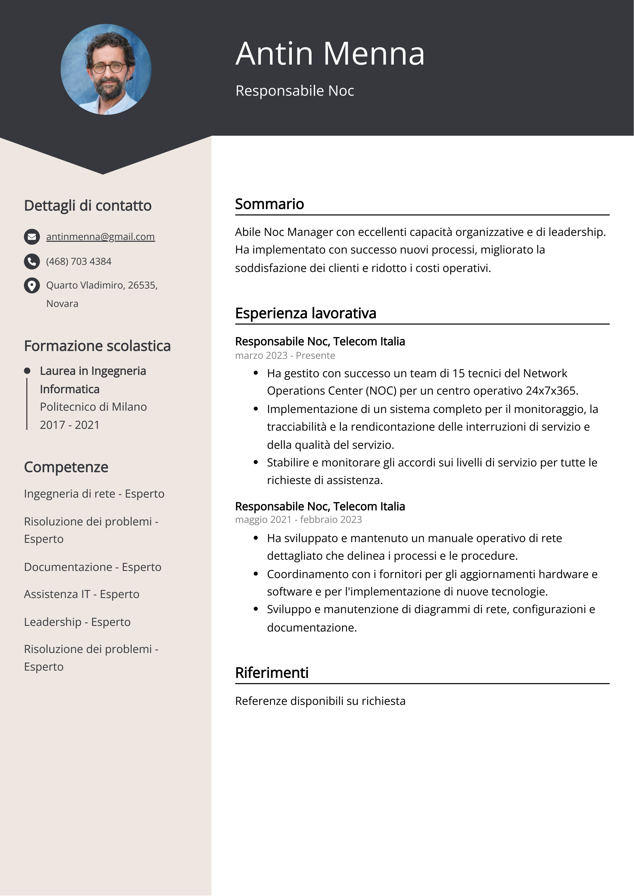 Esempio di curriculum del Responsabile Noc