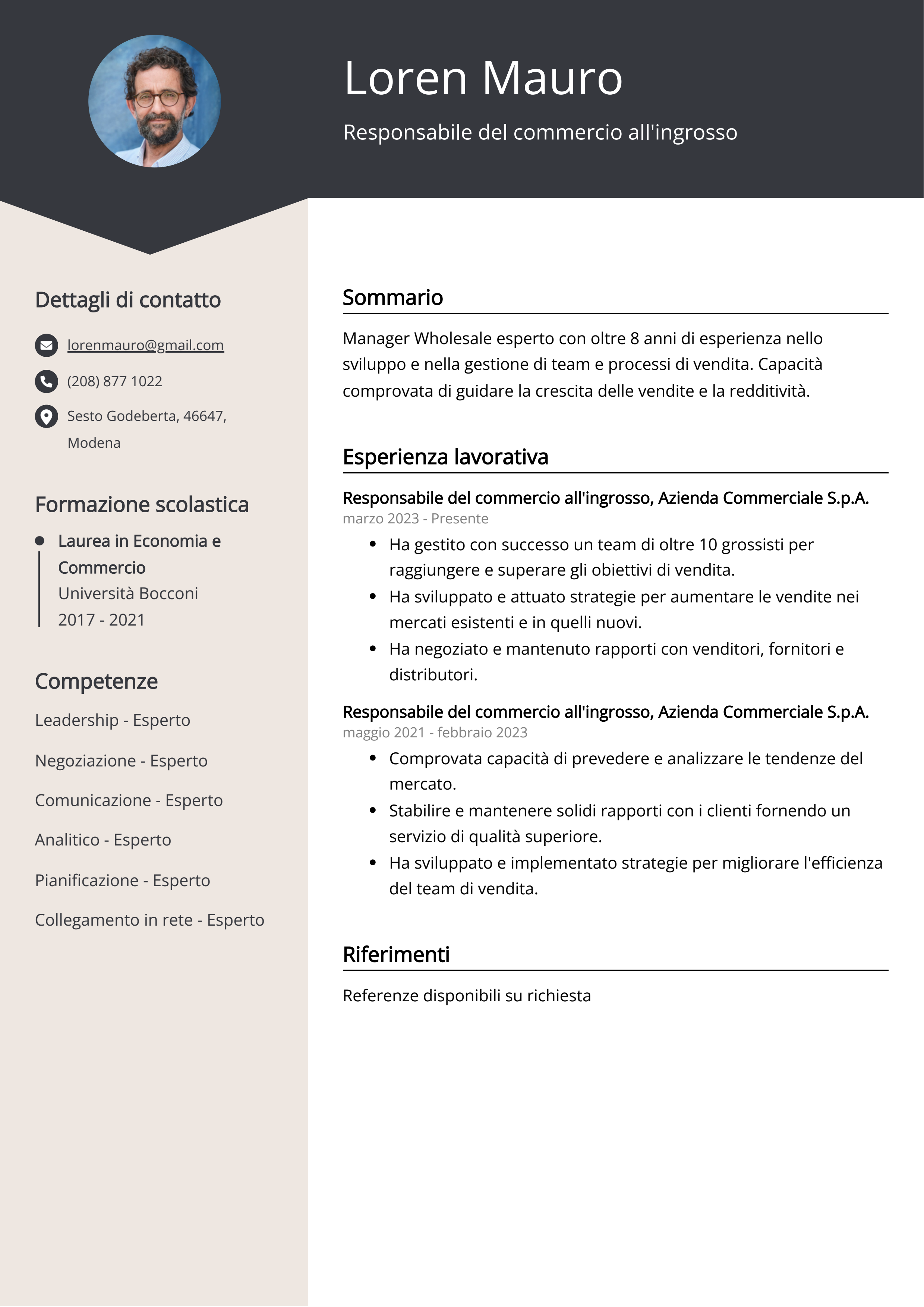 Responsabile del commercio all'ingrosso Esempio di curriculum