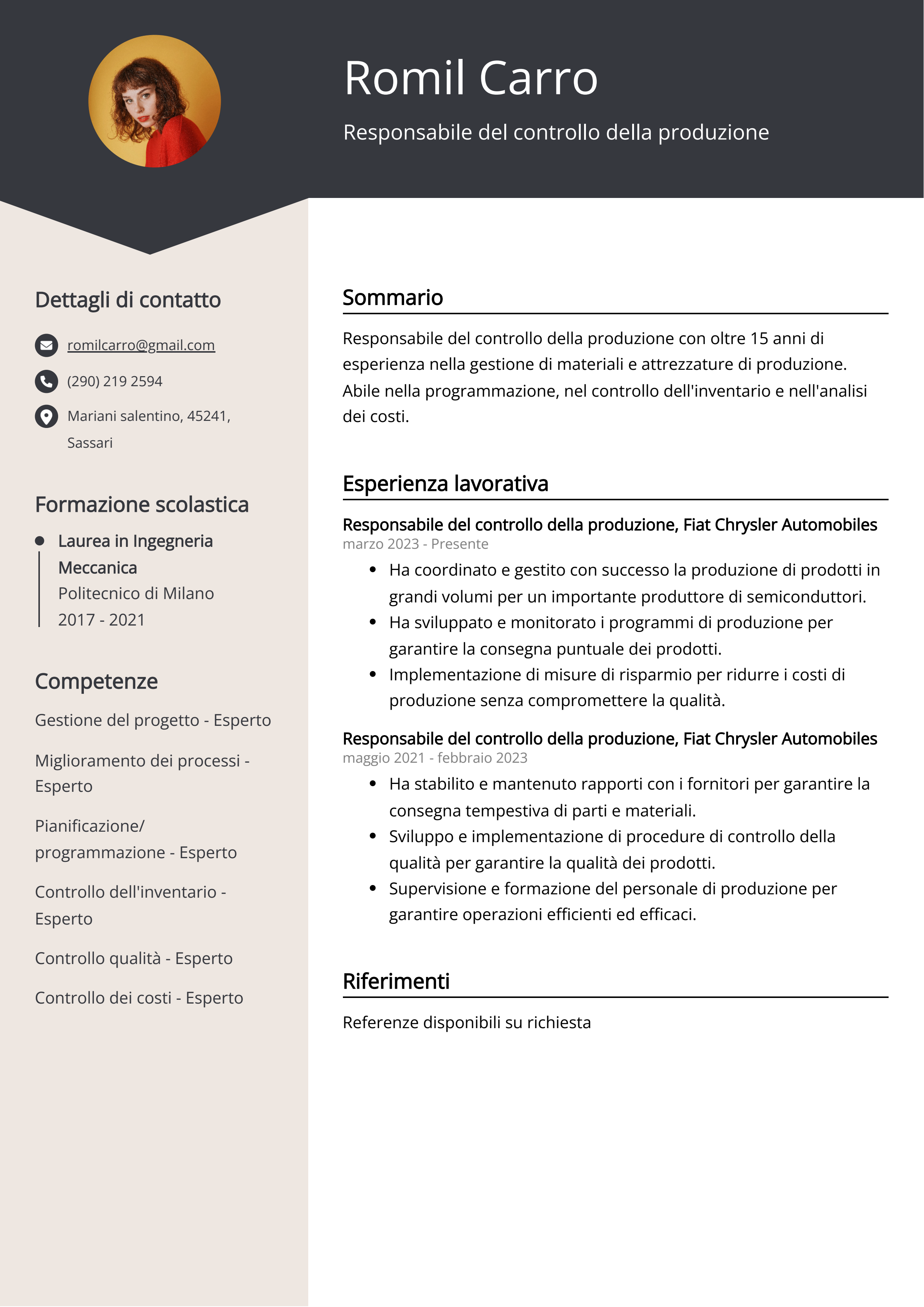 Responsabile del controllo della produzione Esempio di curriculum