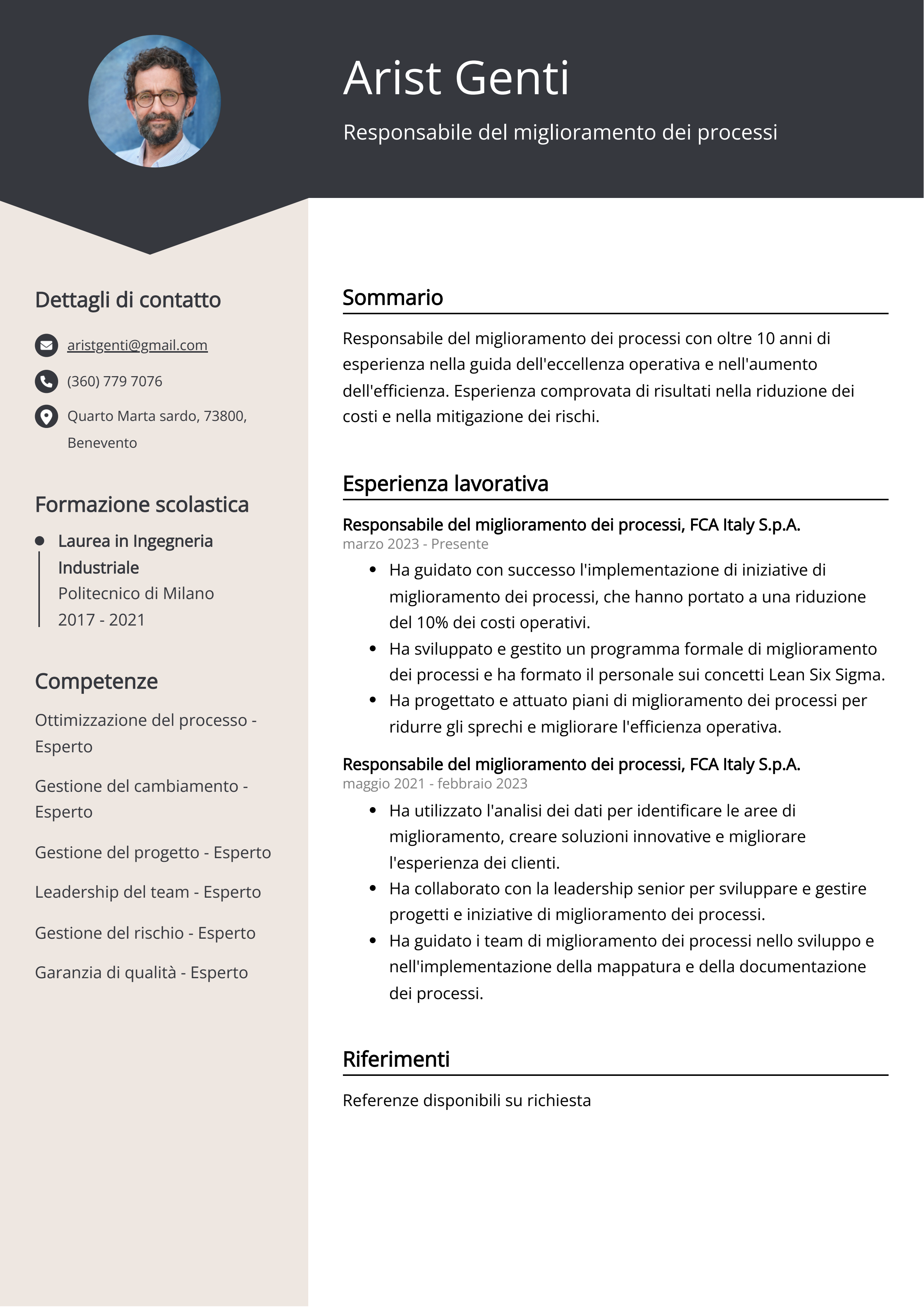 Responsabile del miglioramento dei processi Esempio di curriculum