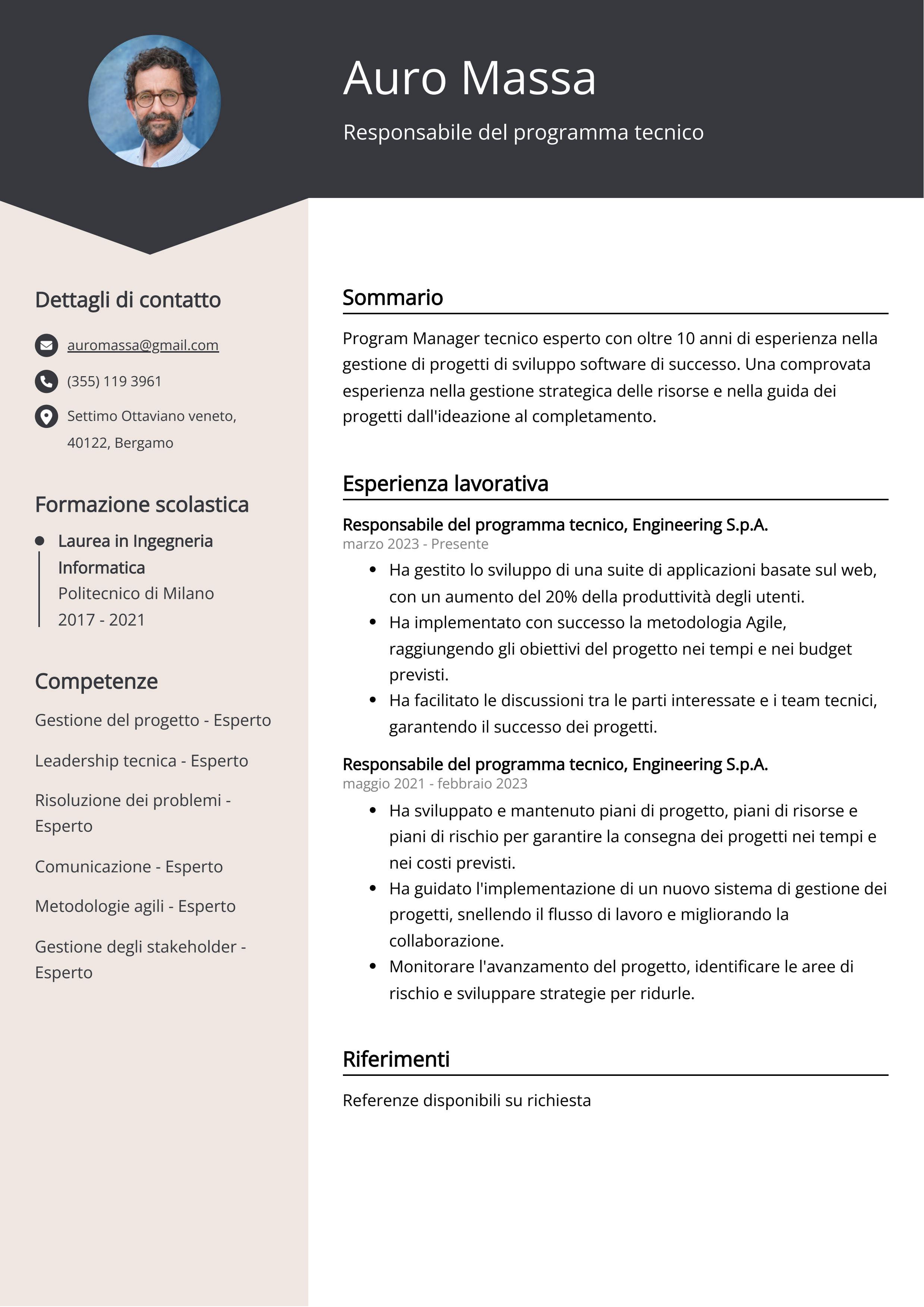 Responsabile del programma tecnico Esempio di curriculum