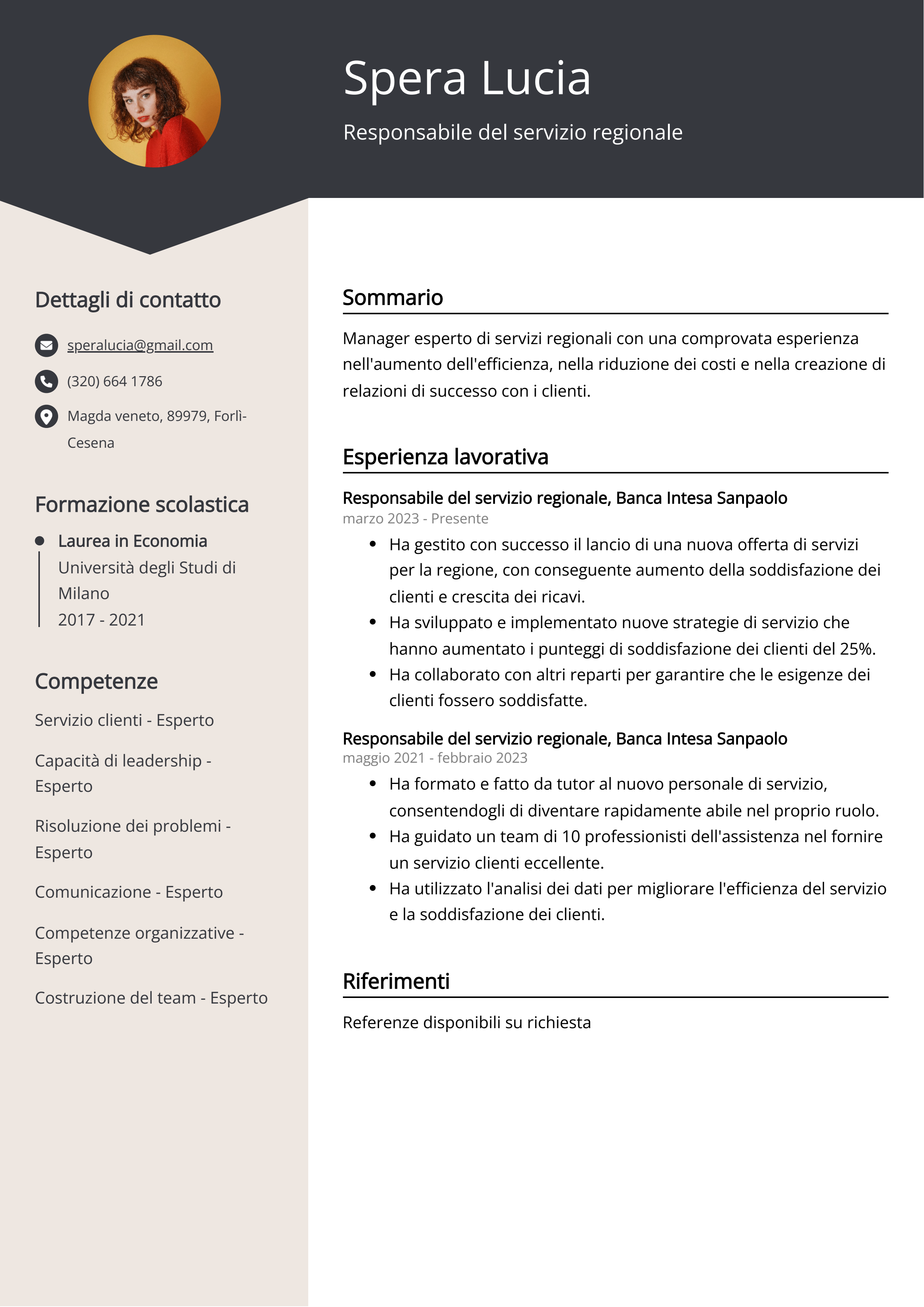 Esempio di curriculum del responsabile del servizio regionale