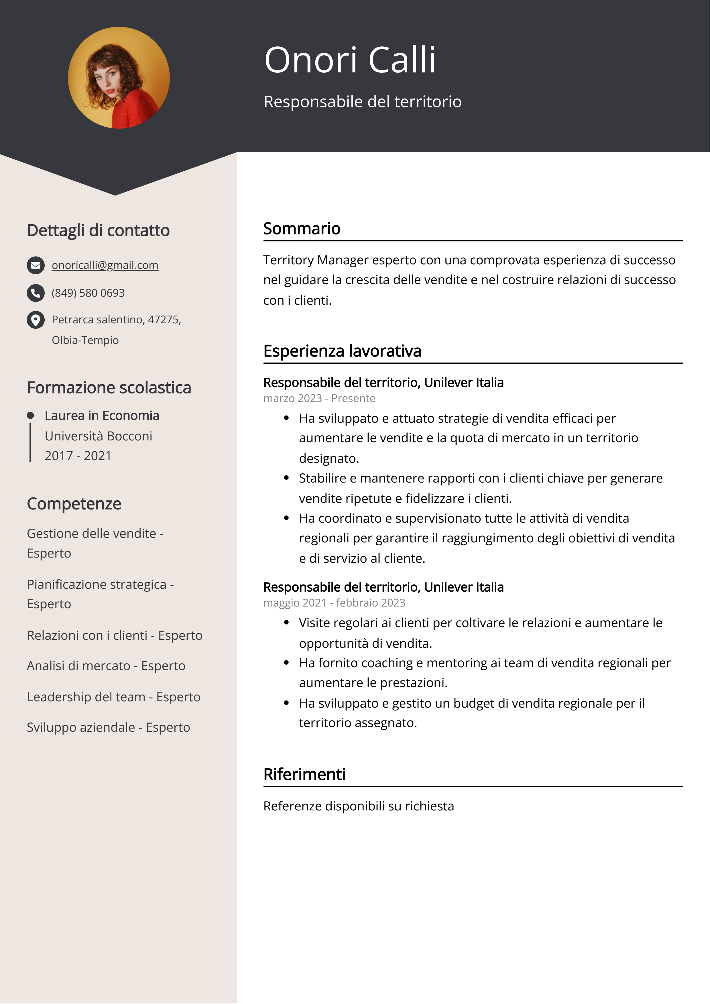 Esempio di curriculum del responsabile del territorio