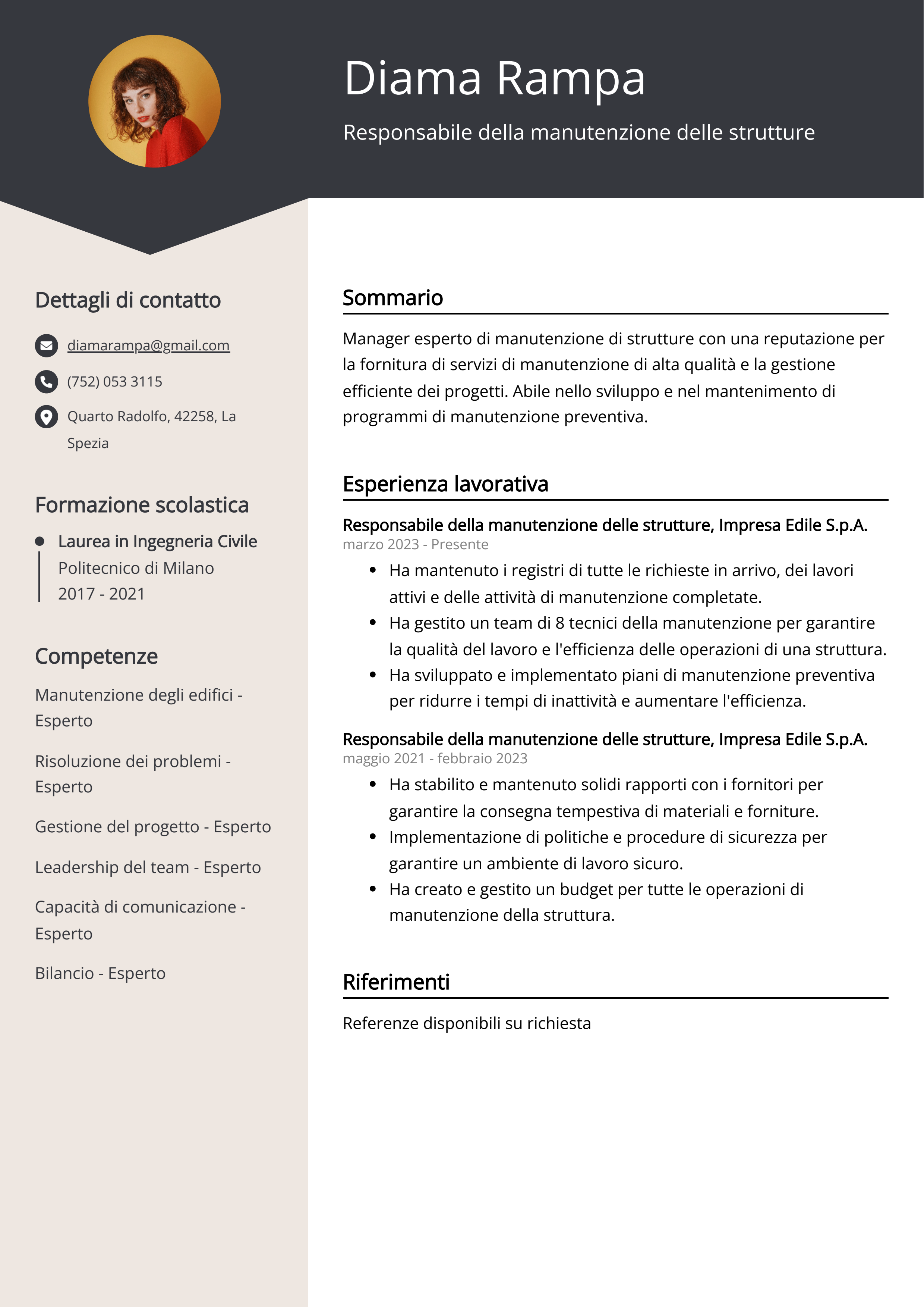 Responsabile della manutenzione delle strutture Esempio di curriculum