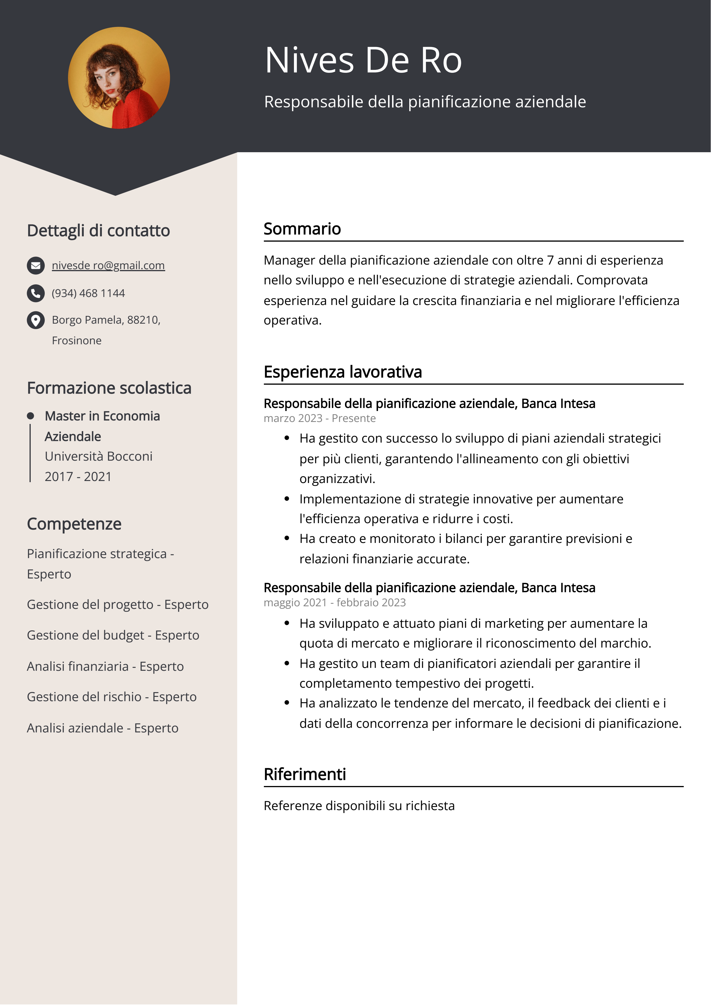 Esempio di curriculum del Responsabile della pianificazione aziendale