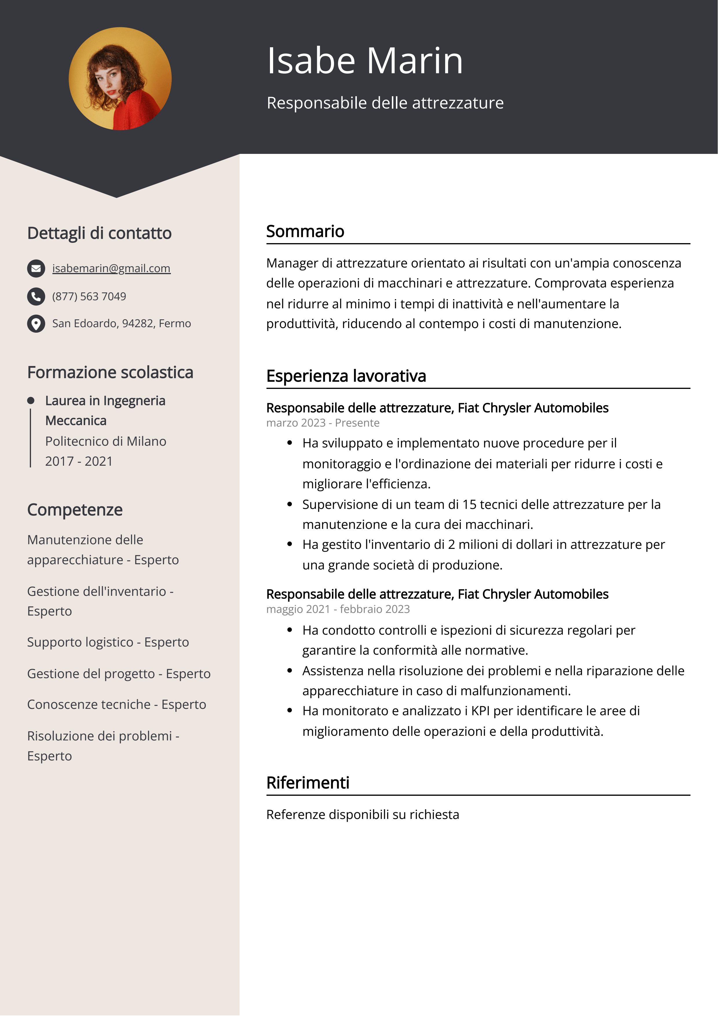 Responsabile delle attrezzature Esempio di curriculum