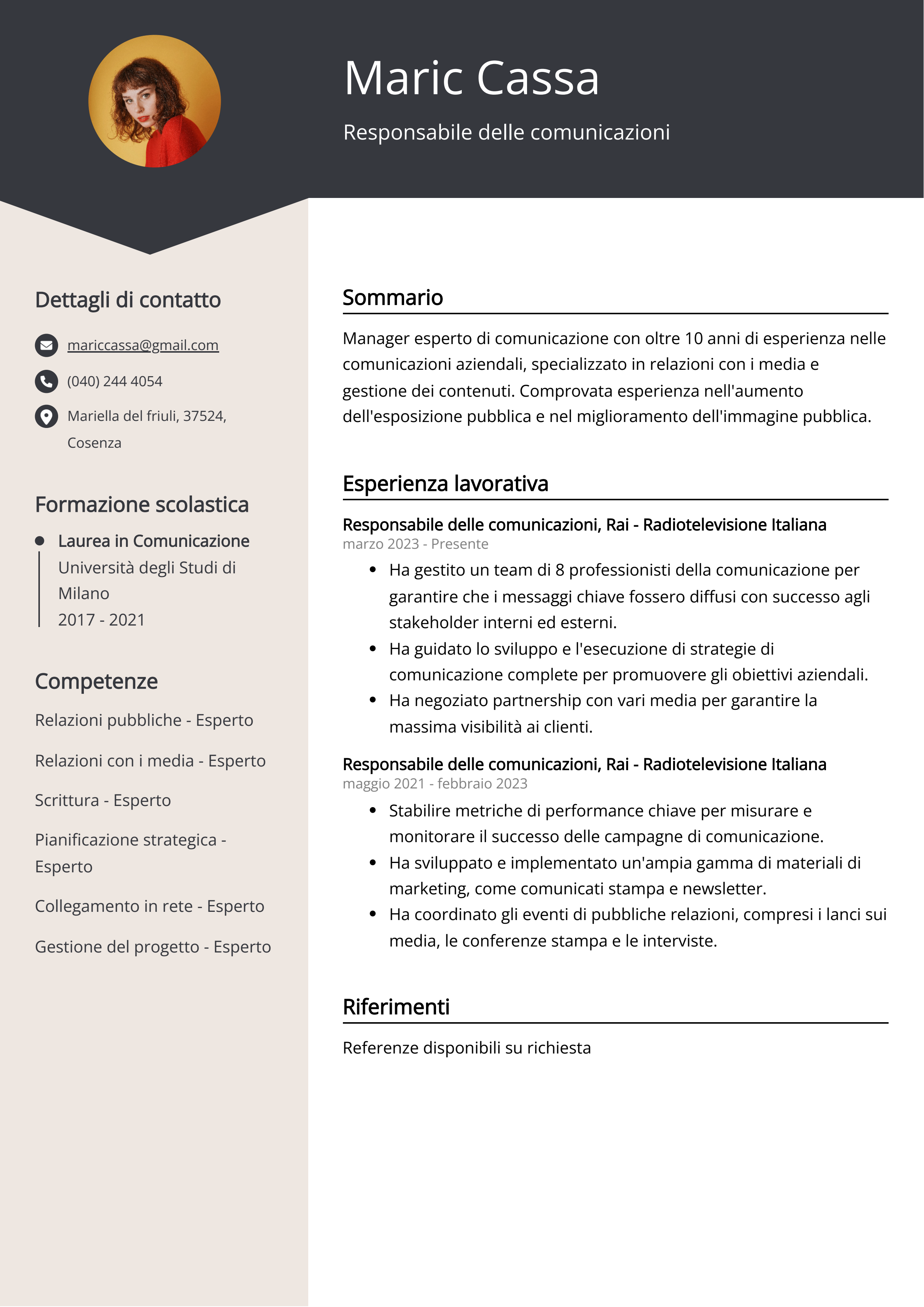 Esempio di curriculum vitae del responsabile delle comunicazioni