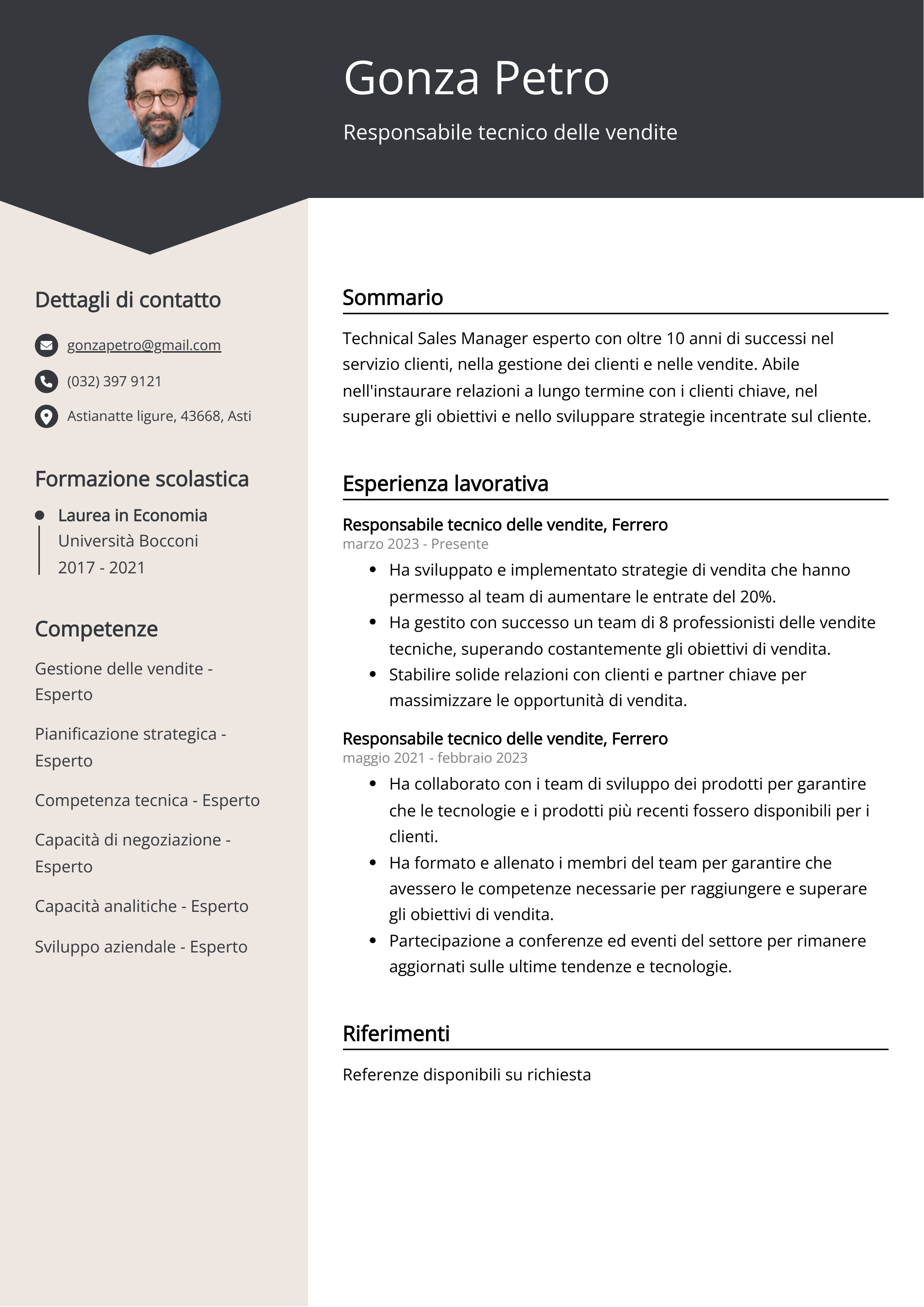 Responsabile tecnico delle vendite Esempio di curriculum