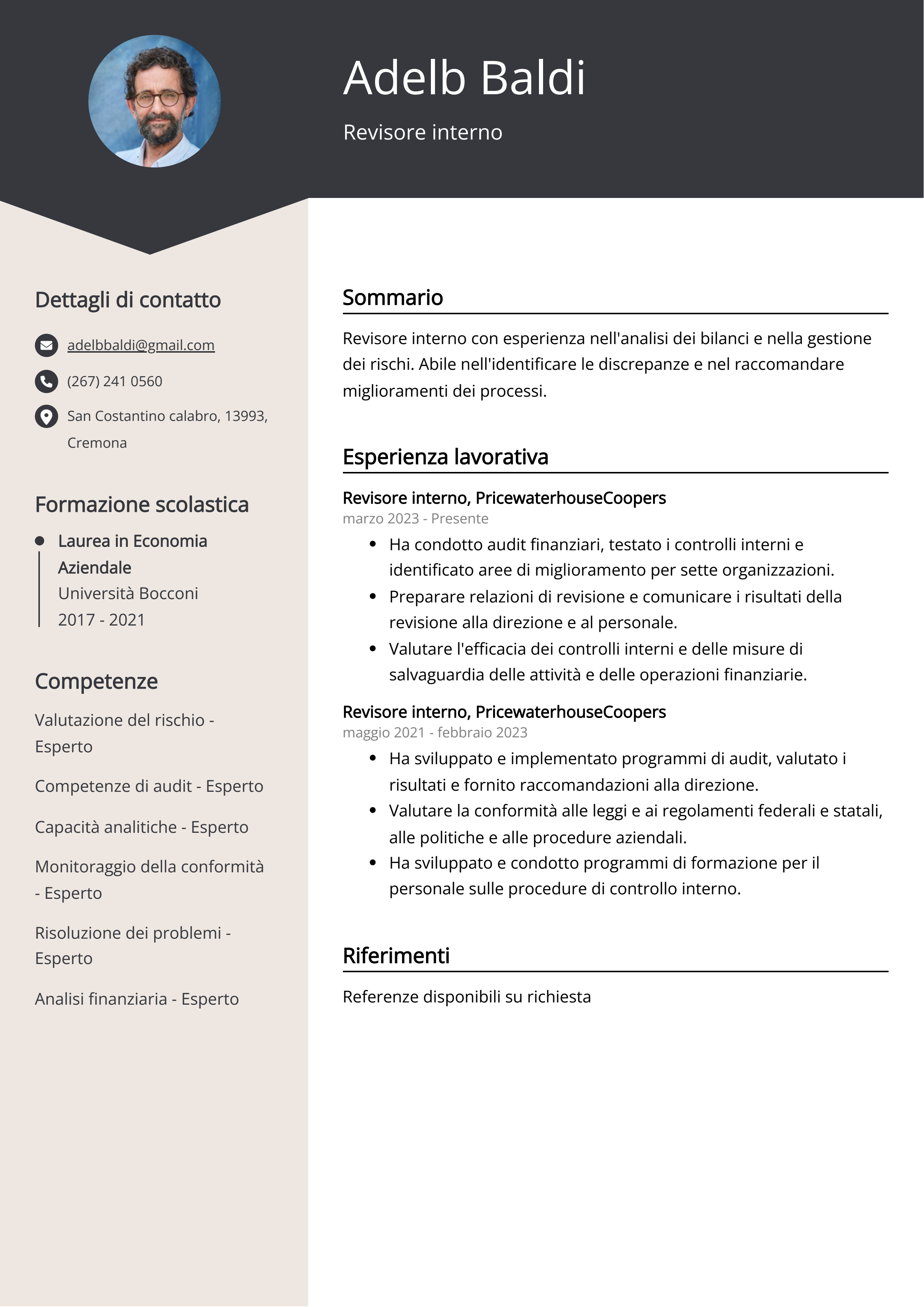 Esempio di curriculum per revisore interno