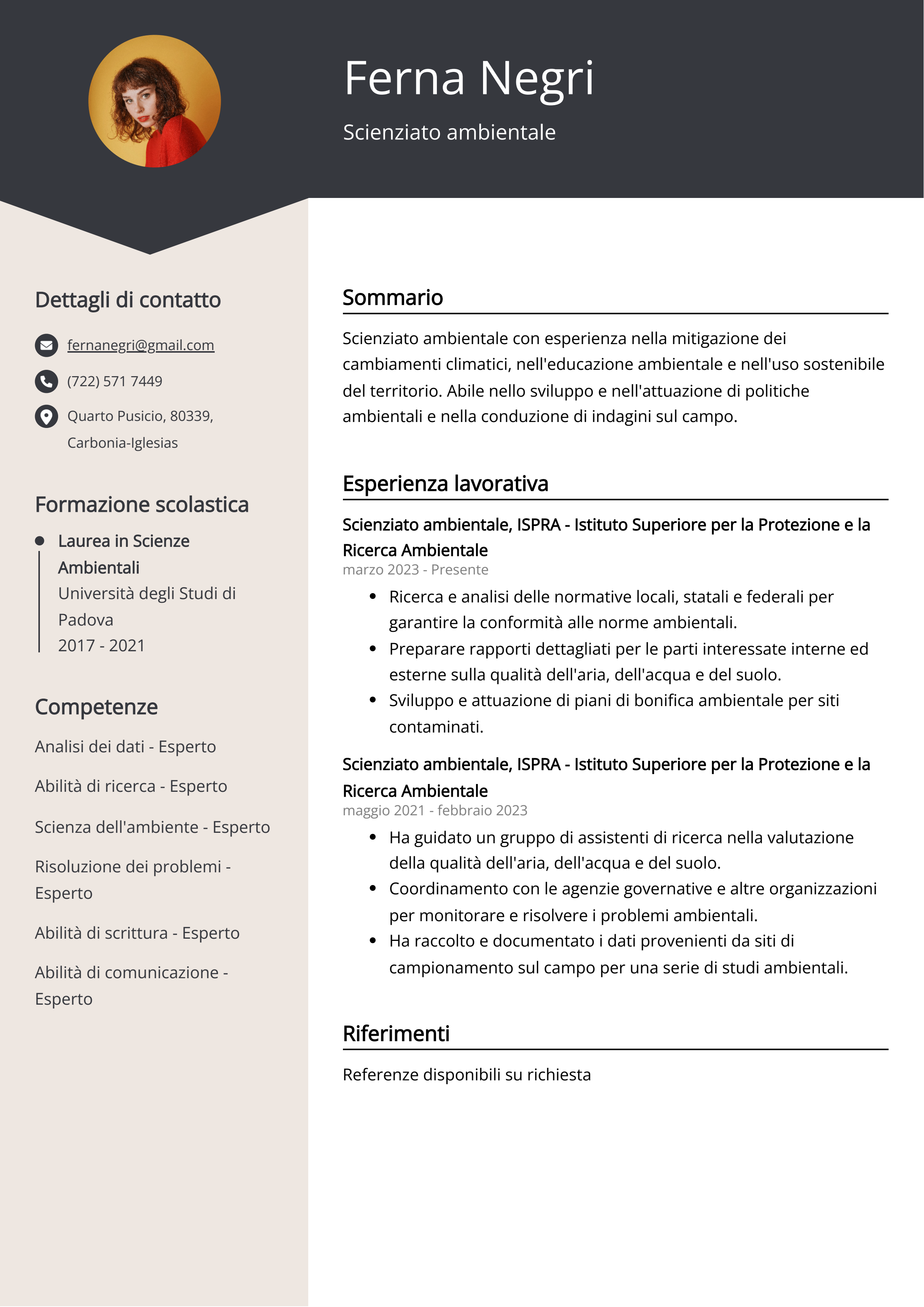 Esempio di curriculum vitae per scienziati ambientali