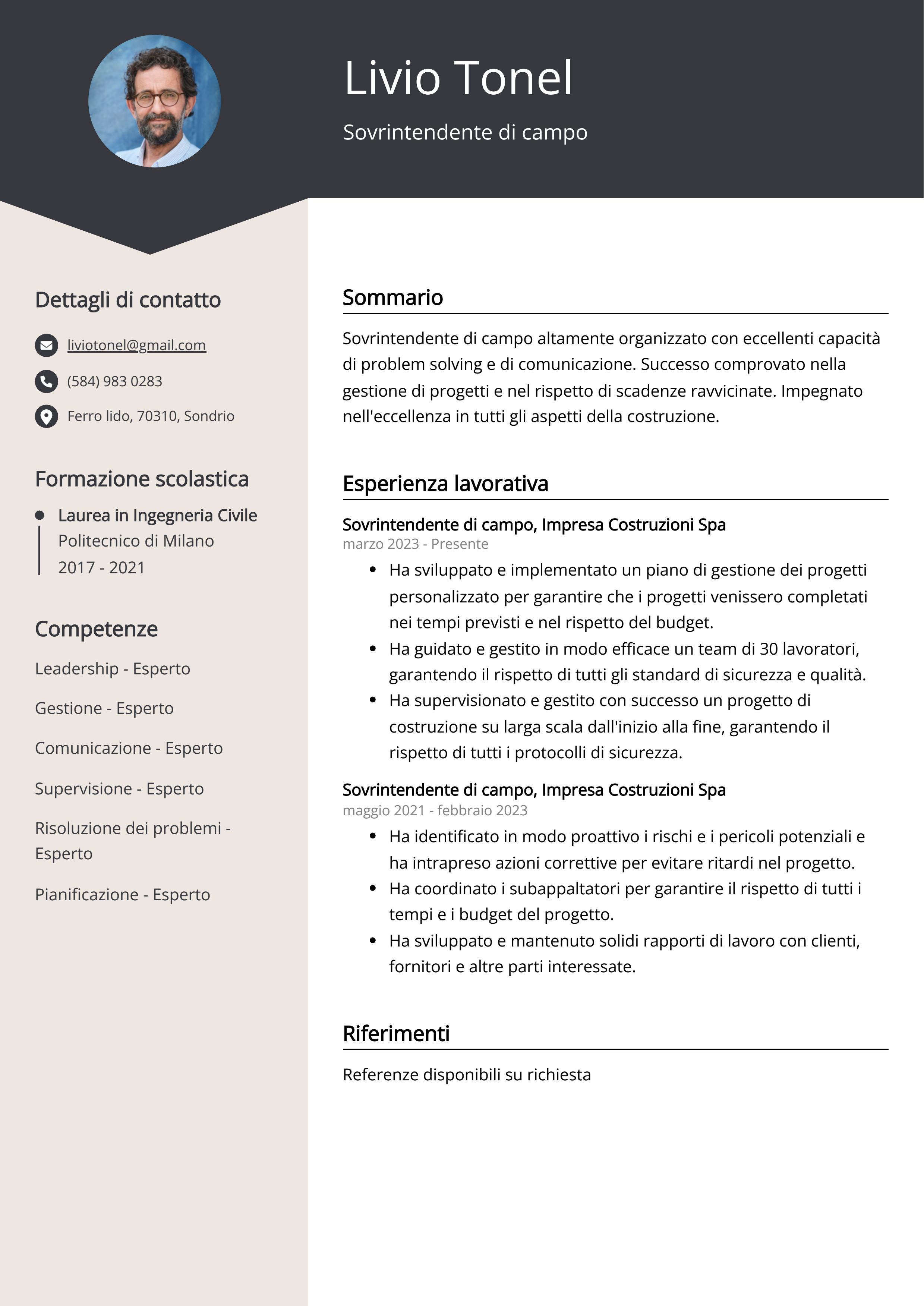 Esempio di curriculum per Sovrintendente di campo