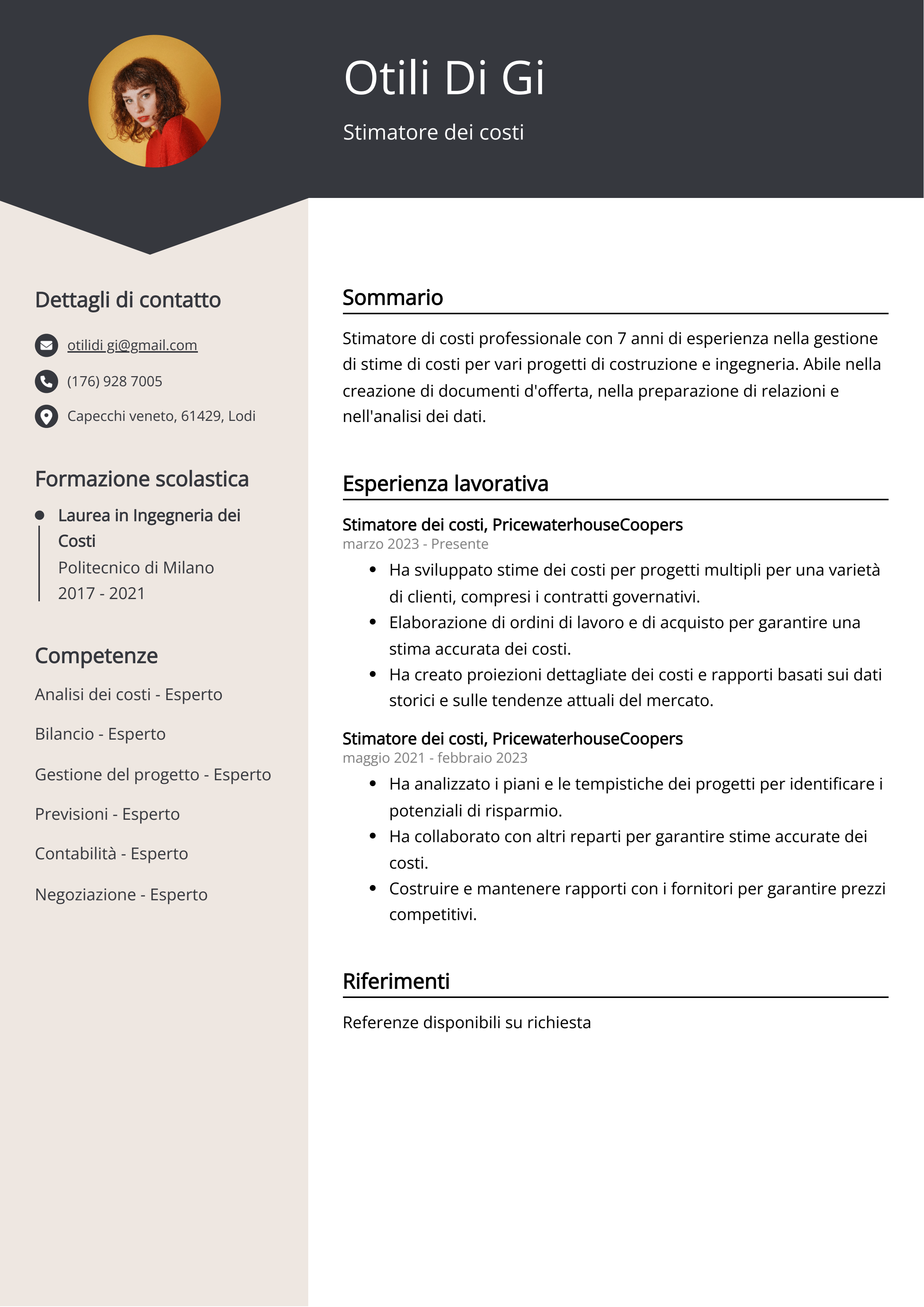 Stimatore dei costi Esempio di curriculum