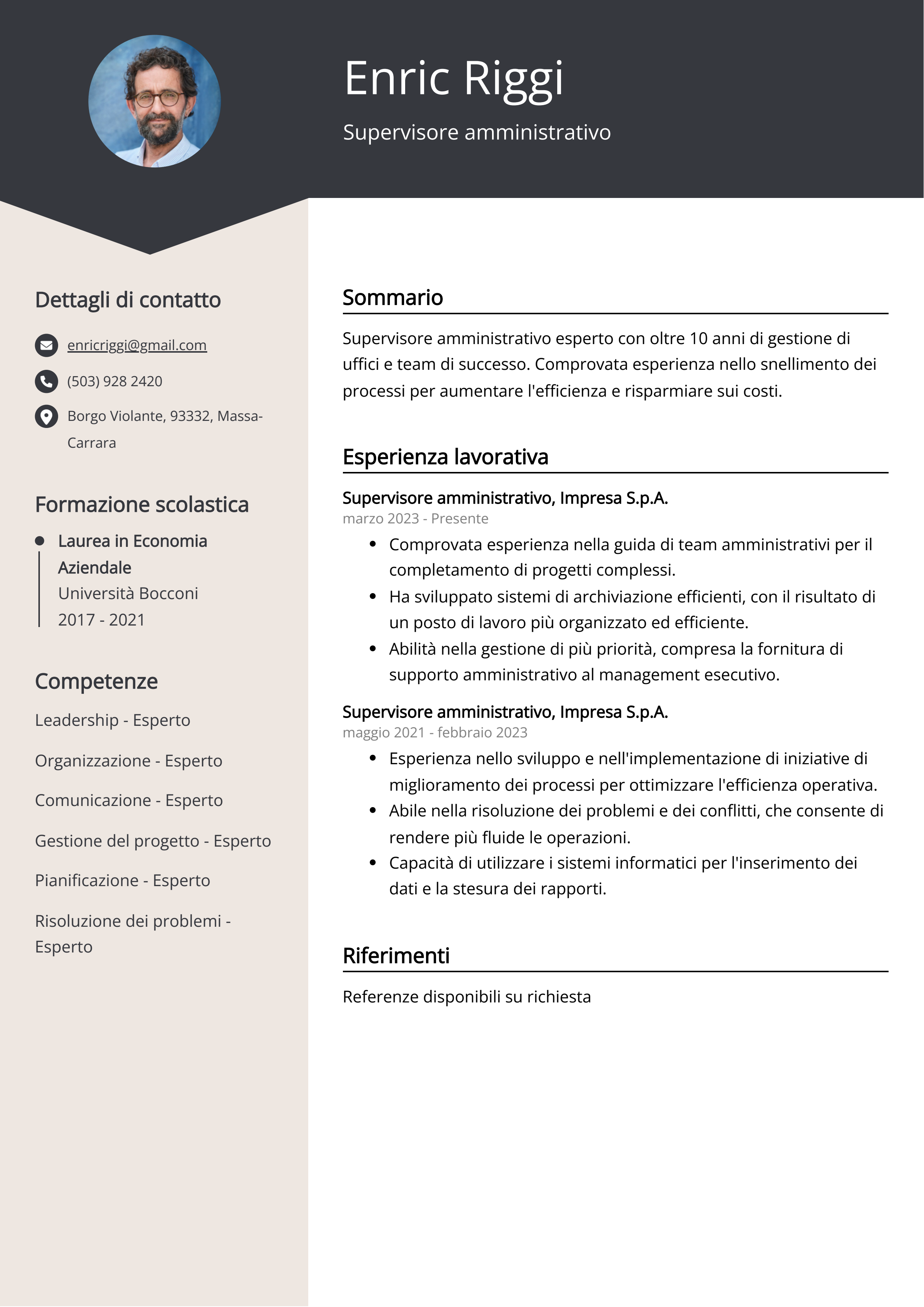 Esempio di curriculum per supervisore amministrativo