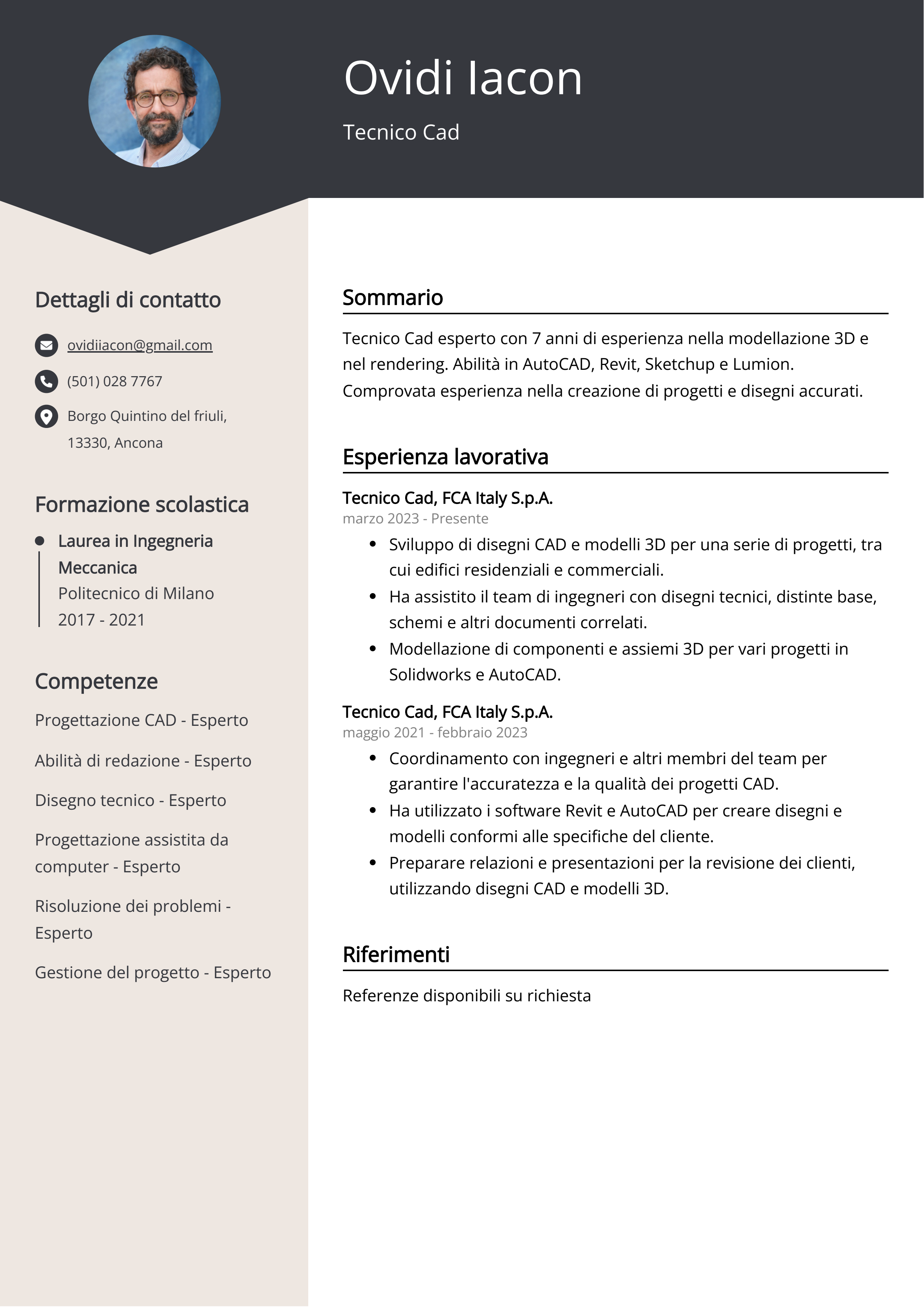 Esempio di curriculum tecnico Cad