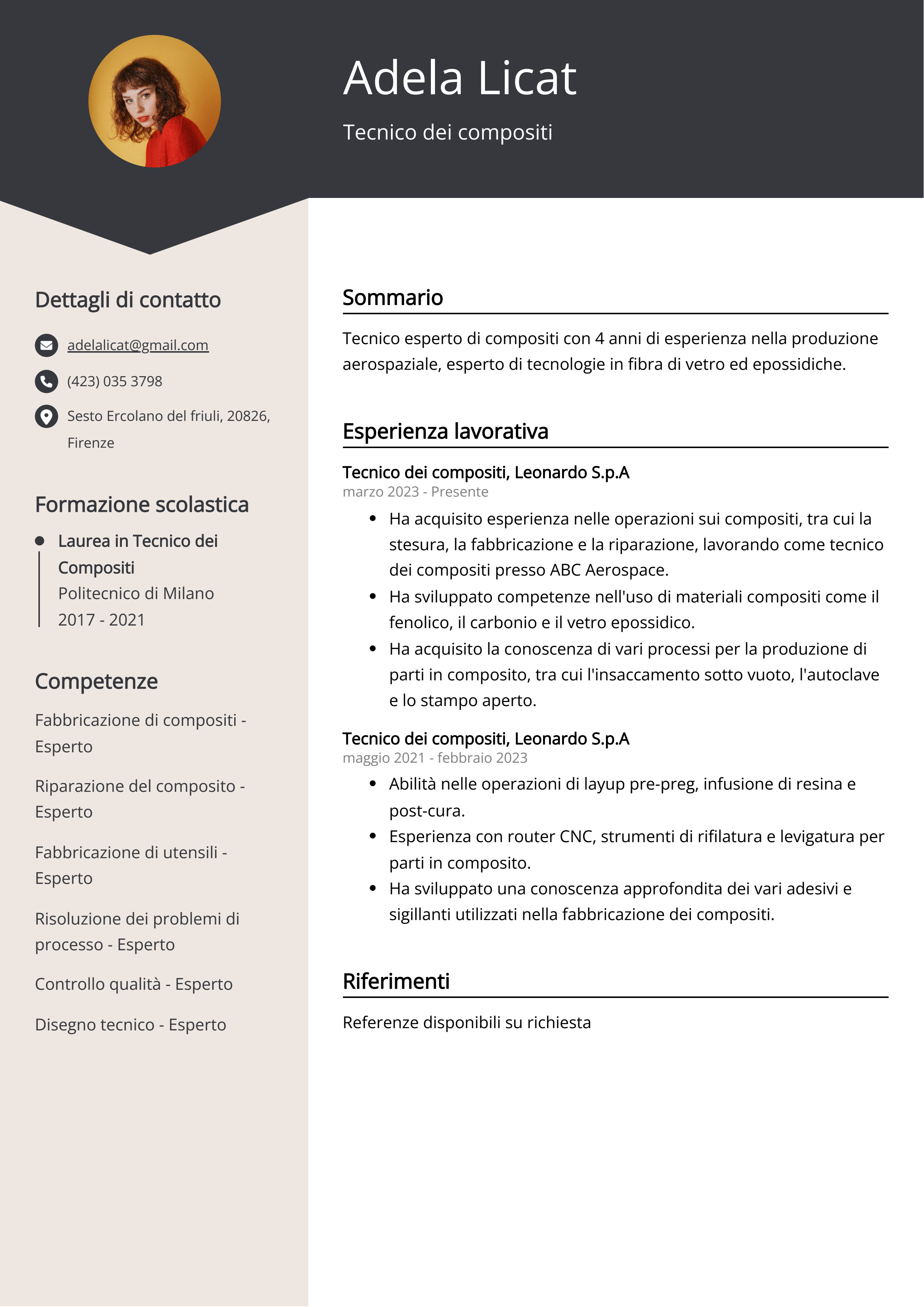 Tecnico dei compositi Esempio di curriculum