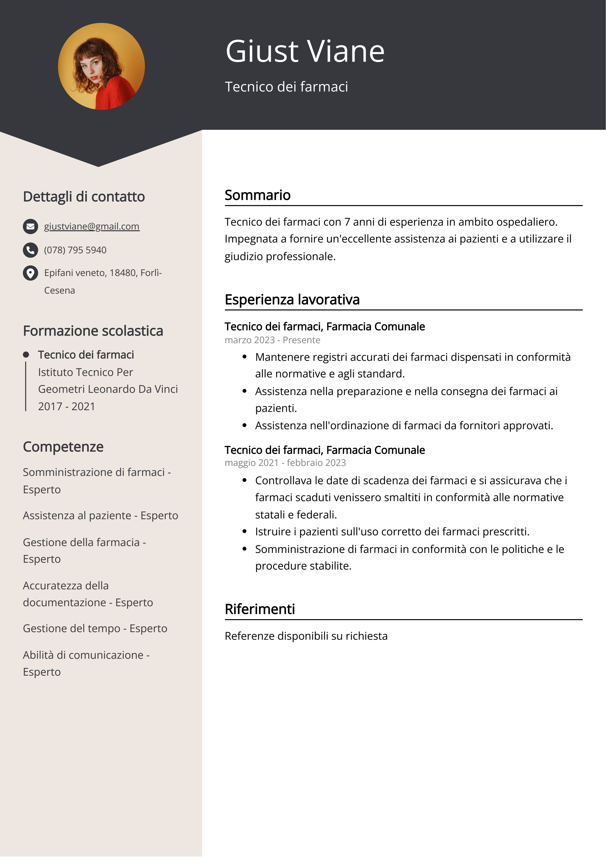 Tecnico dei farmaci Esempio di curriculum