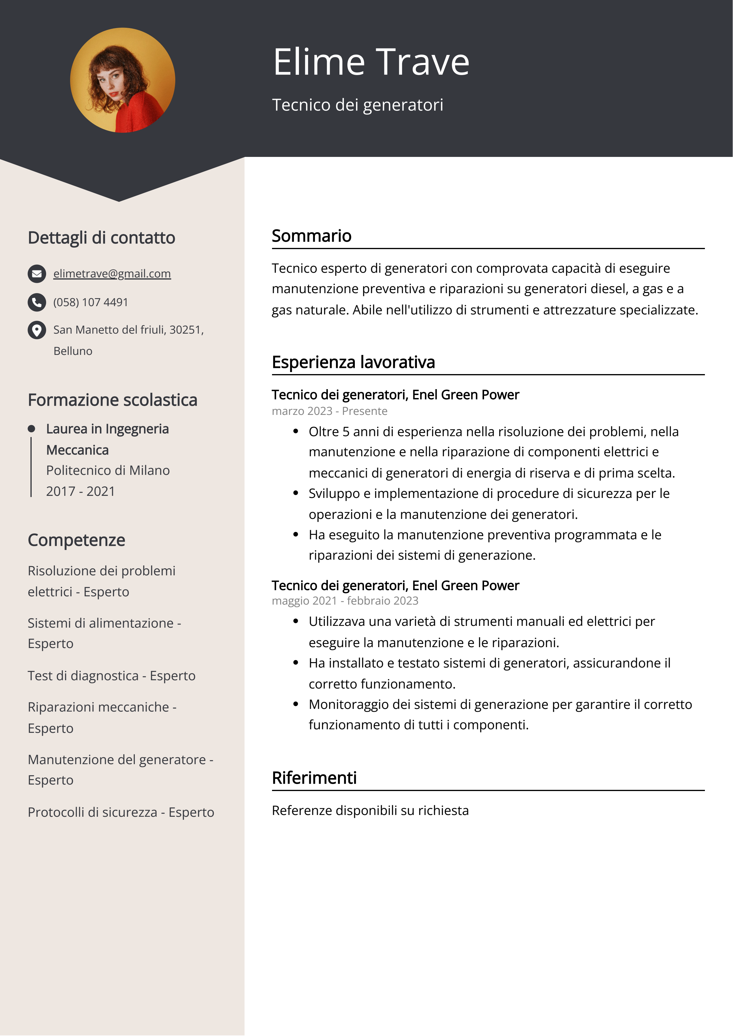 Tecnico dei generatori Esempio di curriculum