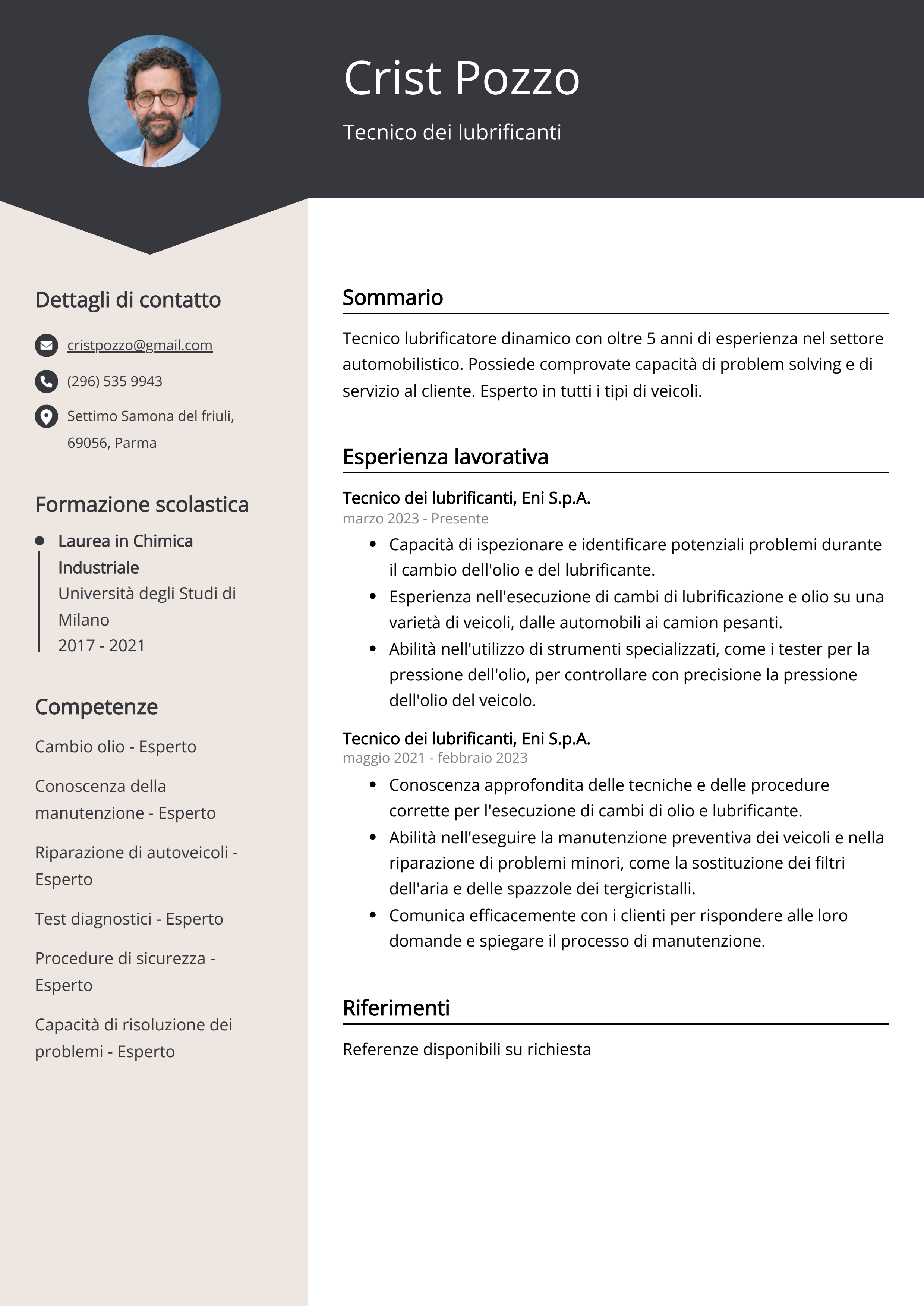 Tecnico dei lubrificanti Esempio di curriculum