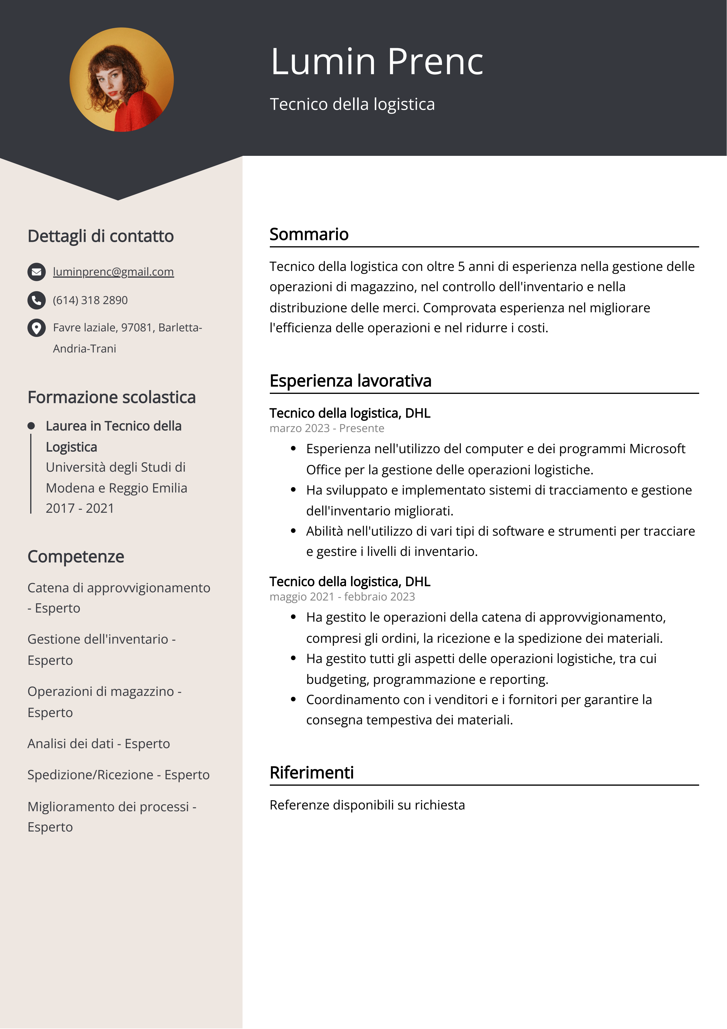 Esempio di curriculum per tecnico della logistica