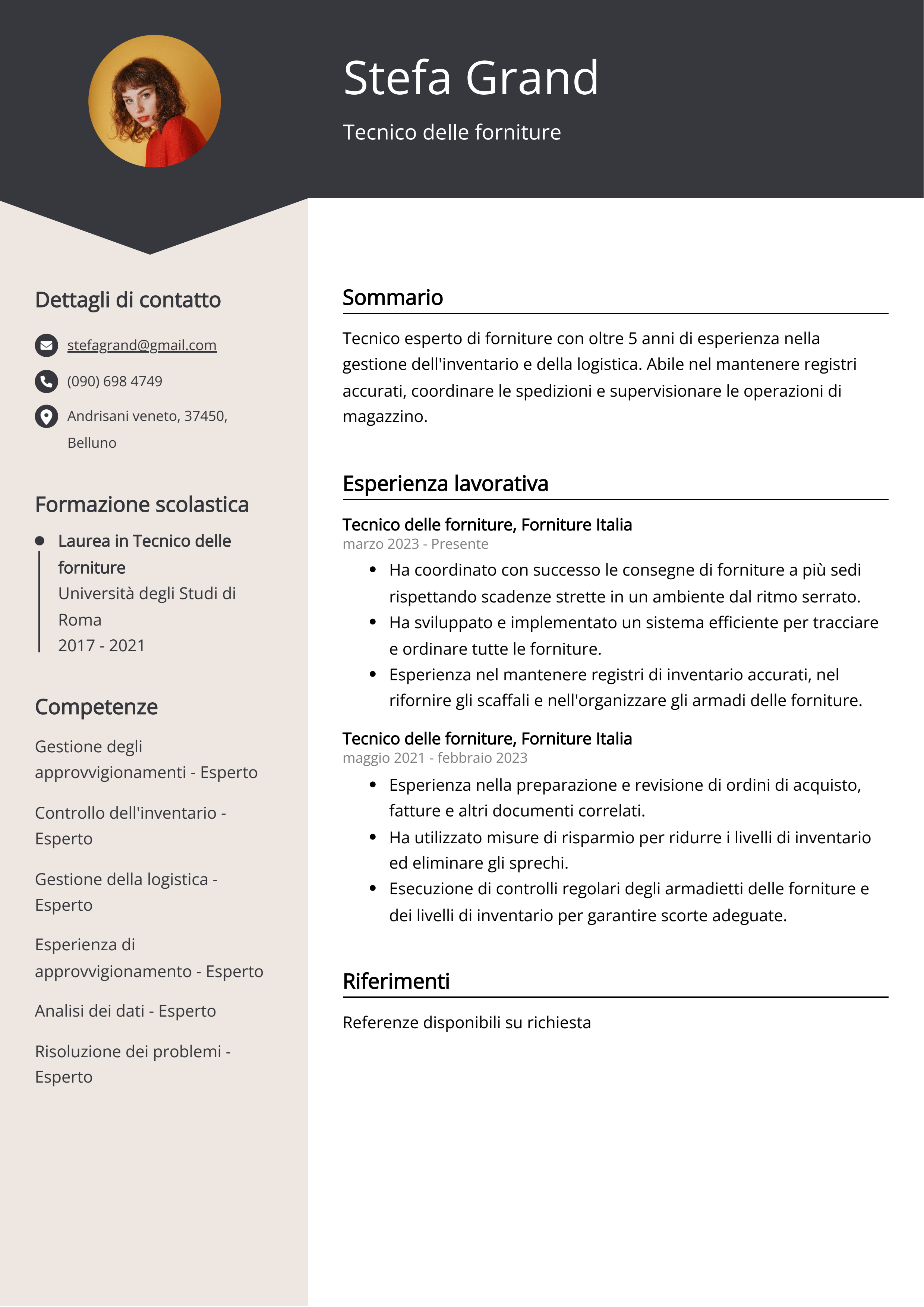 Esempio di curriculum per tecnico delle forniture