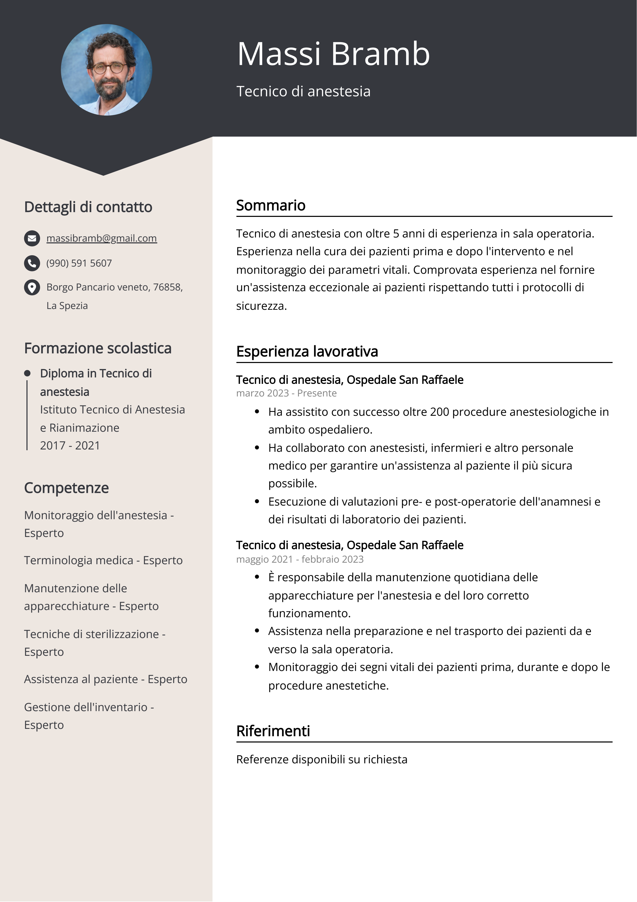 Esempio di curriculum per tecnico di anestesia