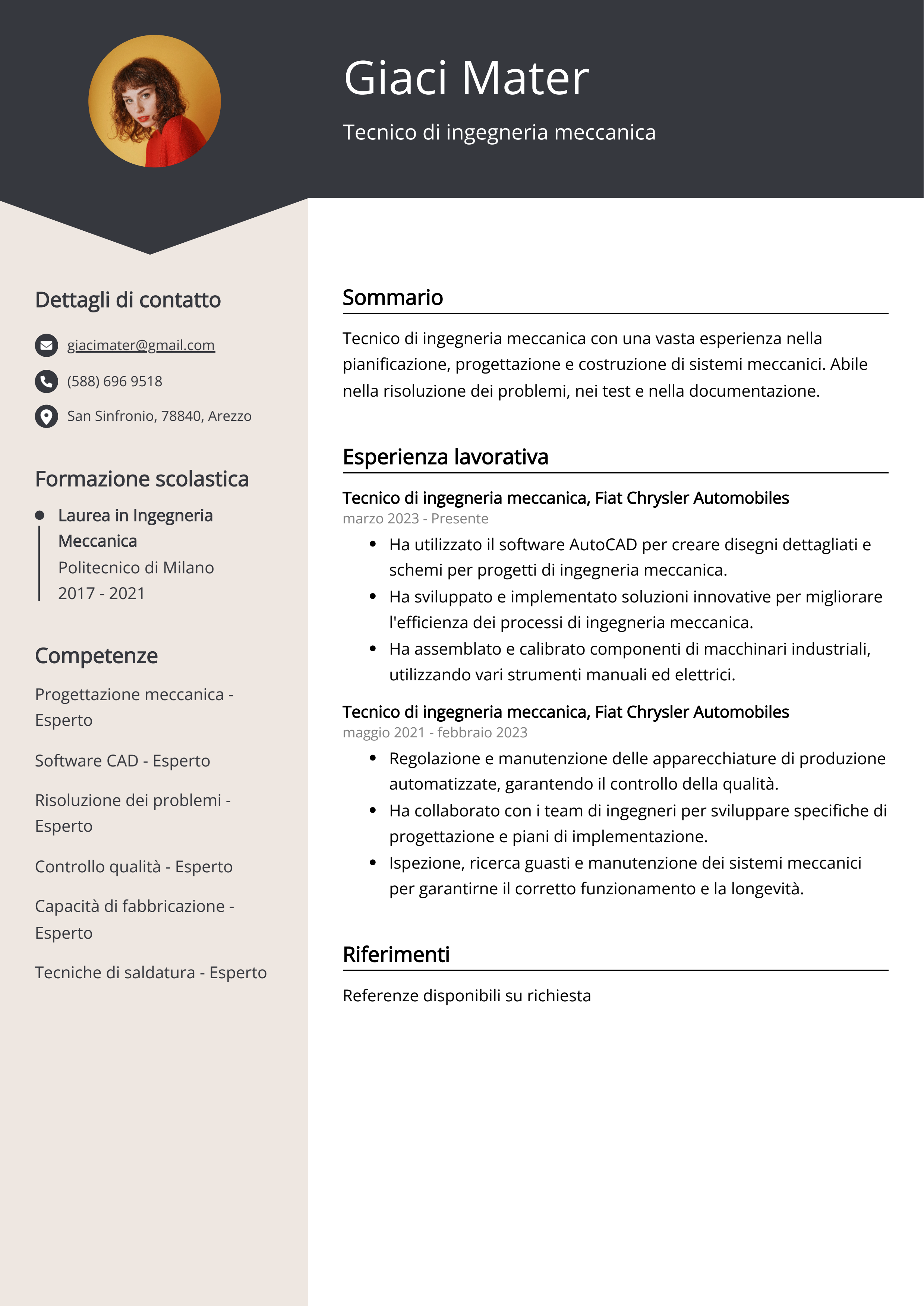 Esempio di curriculum per tecnico di ingegneria meccanica