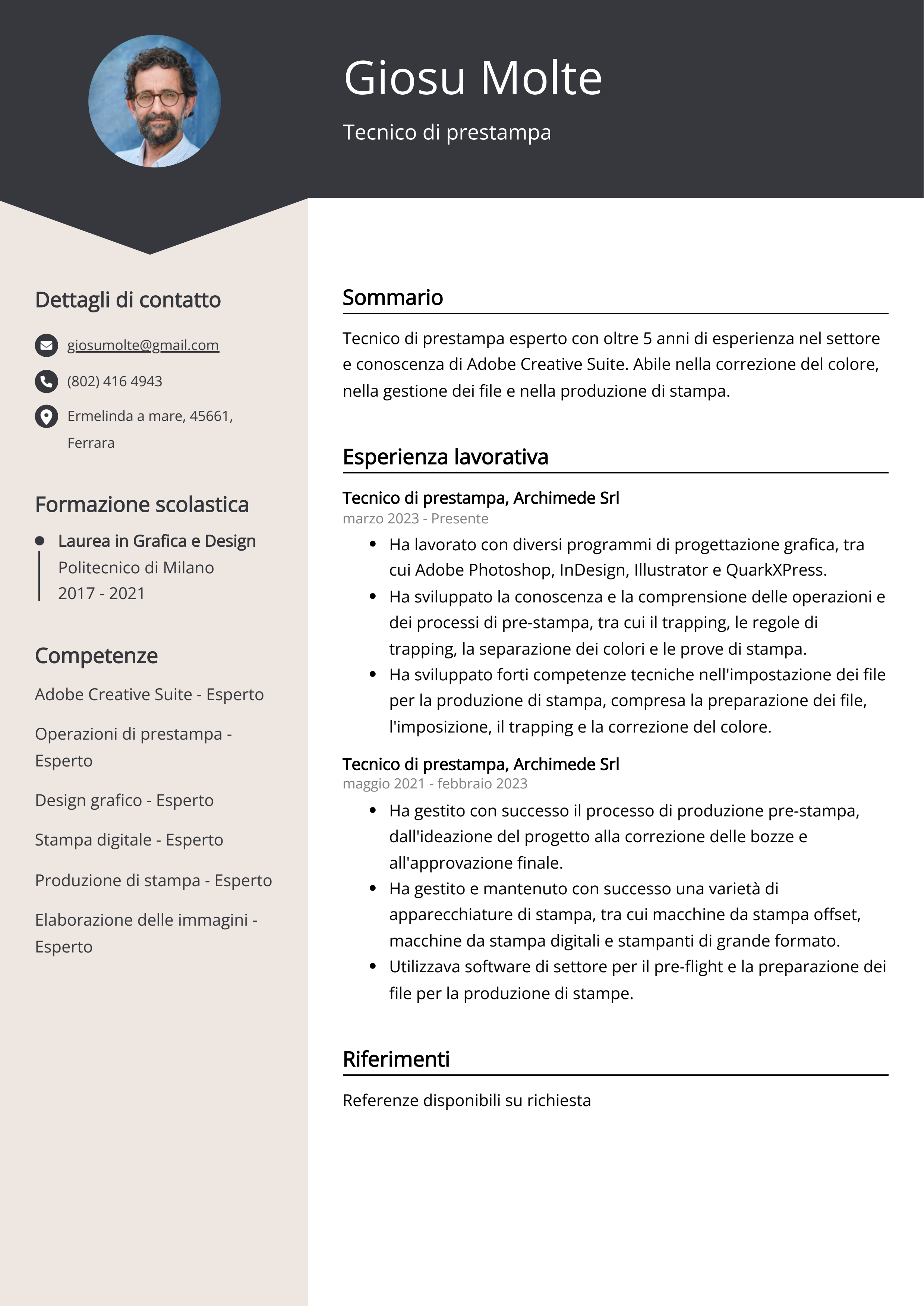 Tecnico di prestampa Esempio di curriculum