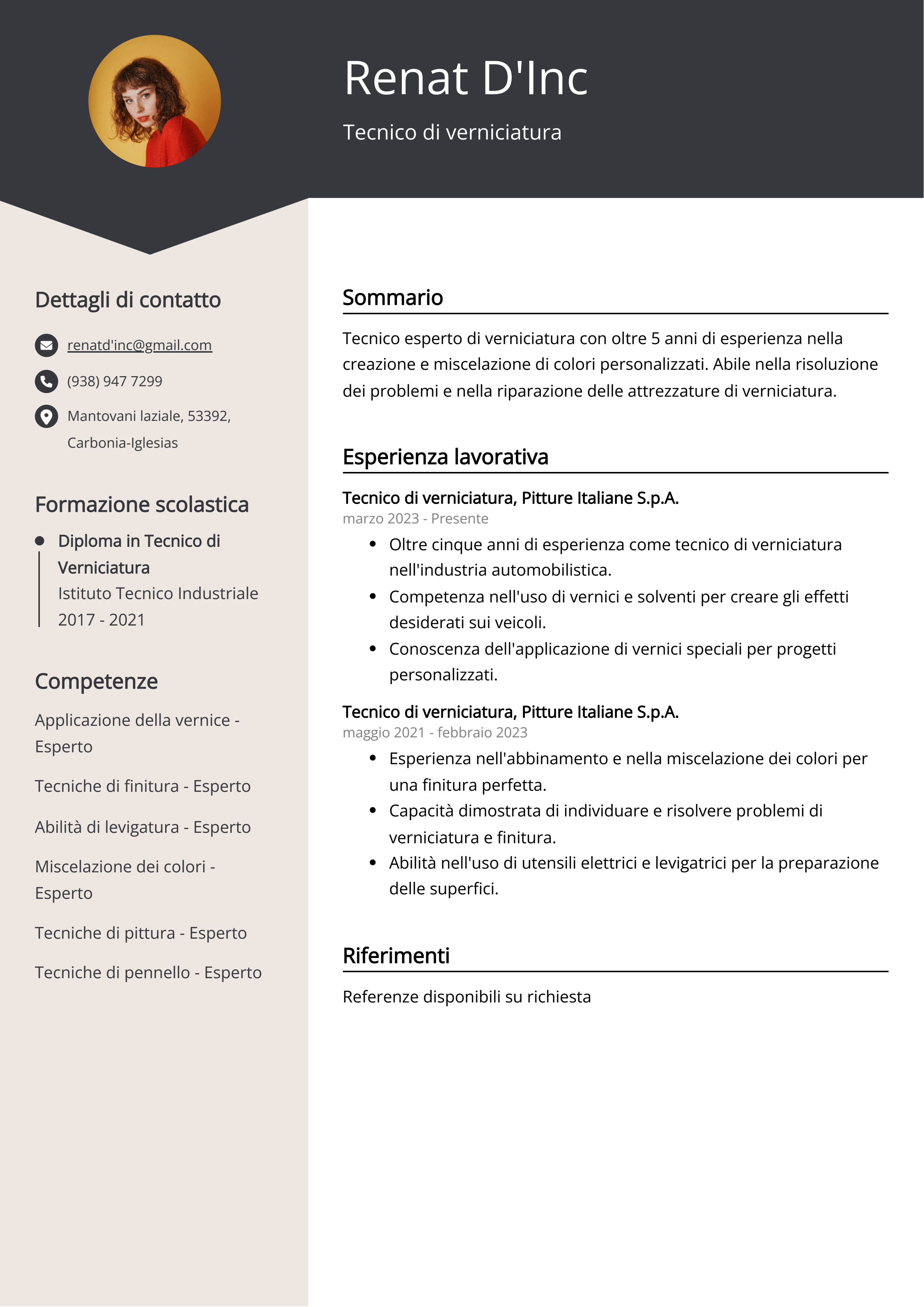 Esempio di curriculum per tecnico di verniciatura