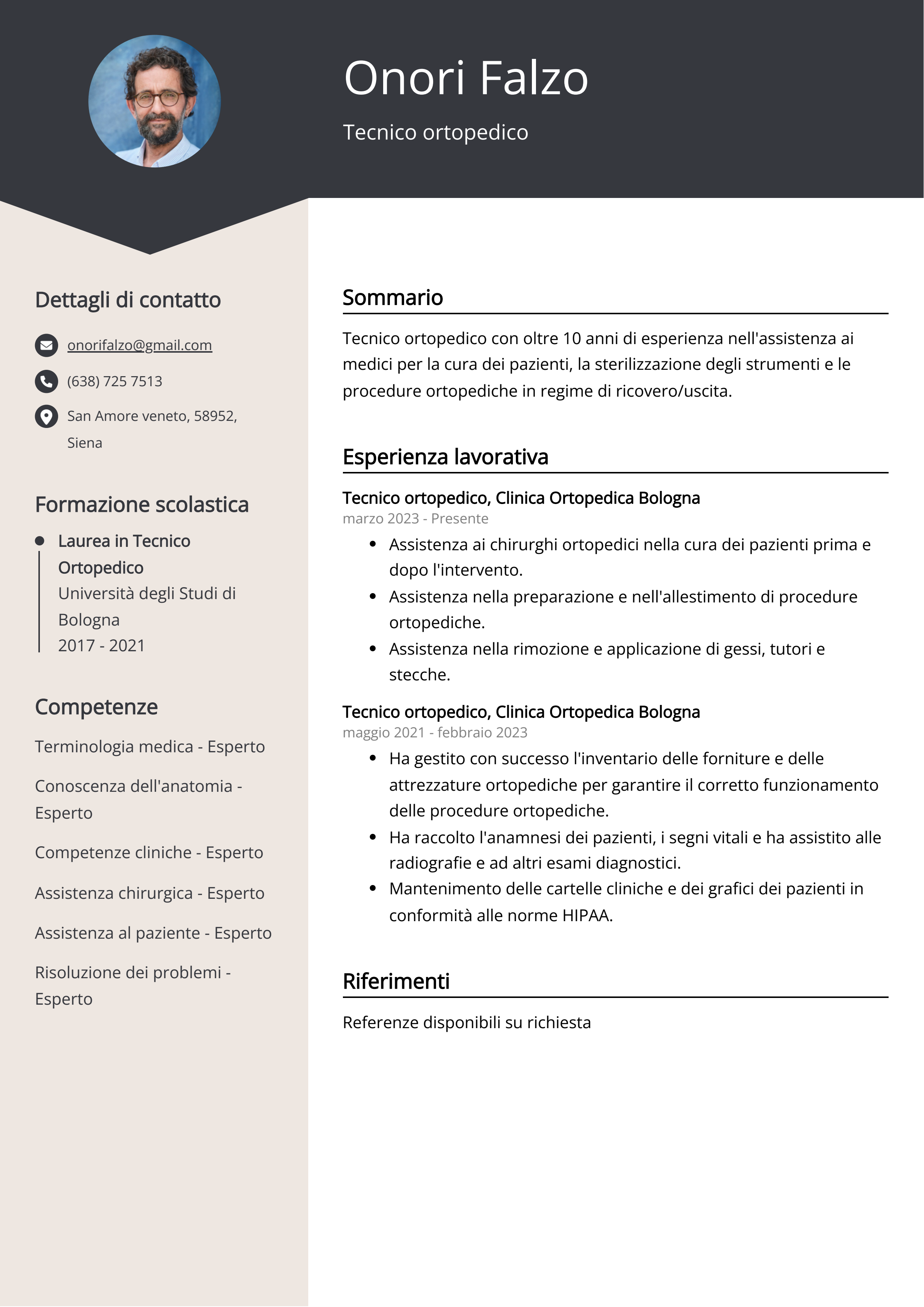 Esempio di curriculum per tecnico ortopedico