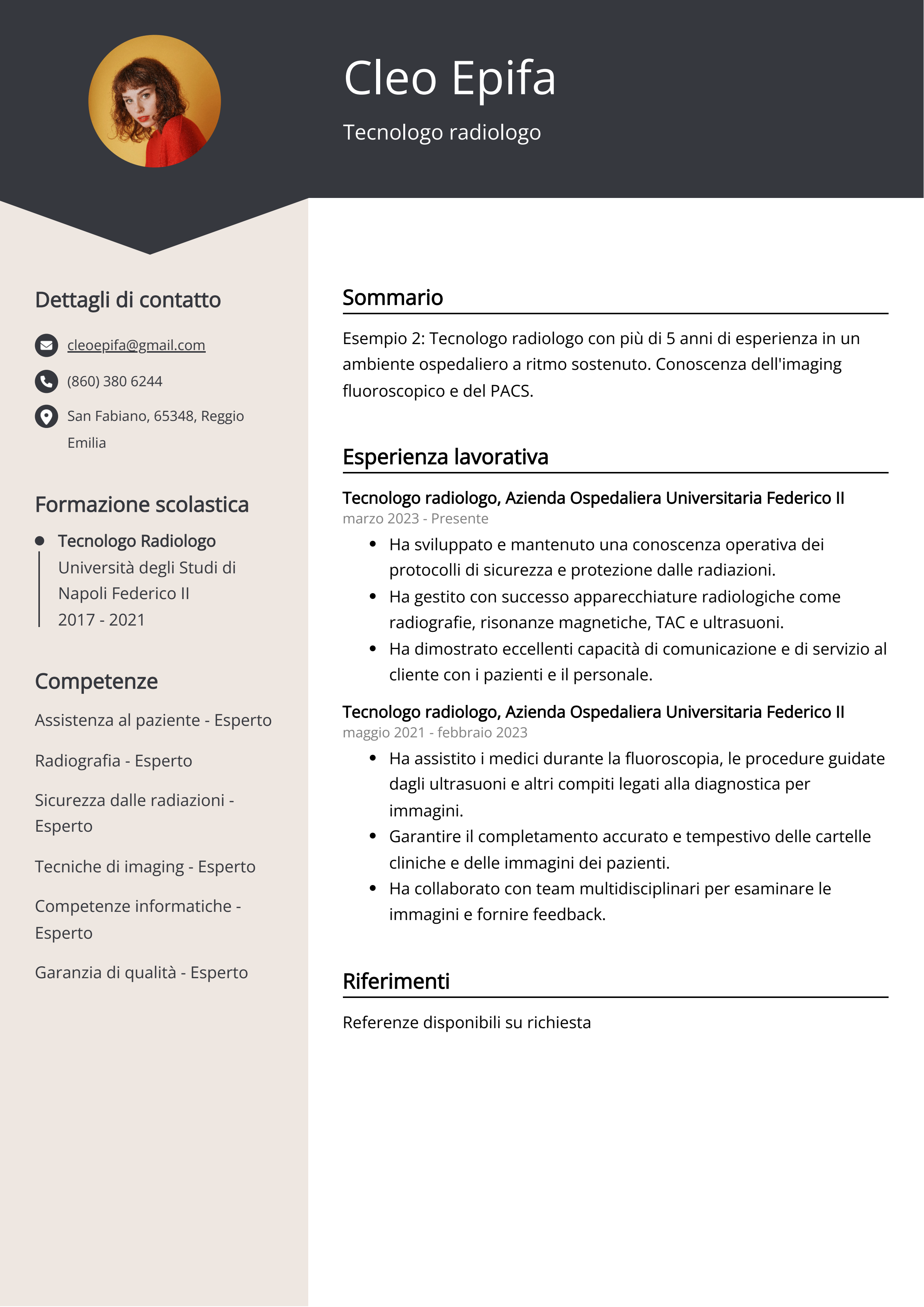 Esempio di curriculum del tecnico radiologo