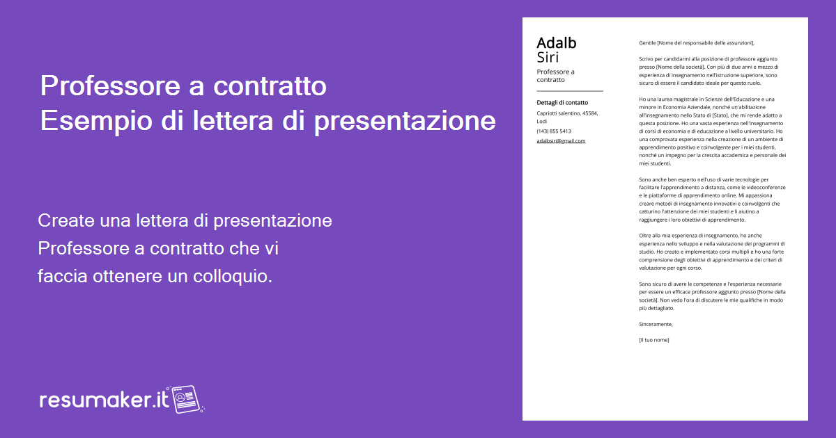 Esempio di lettera di presentazione per 2025 Professore a contratto