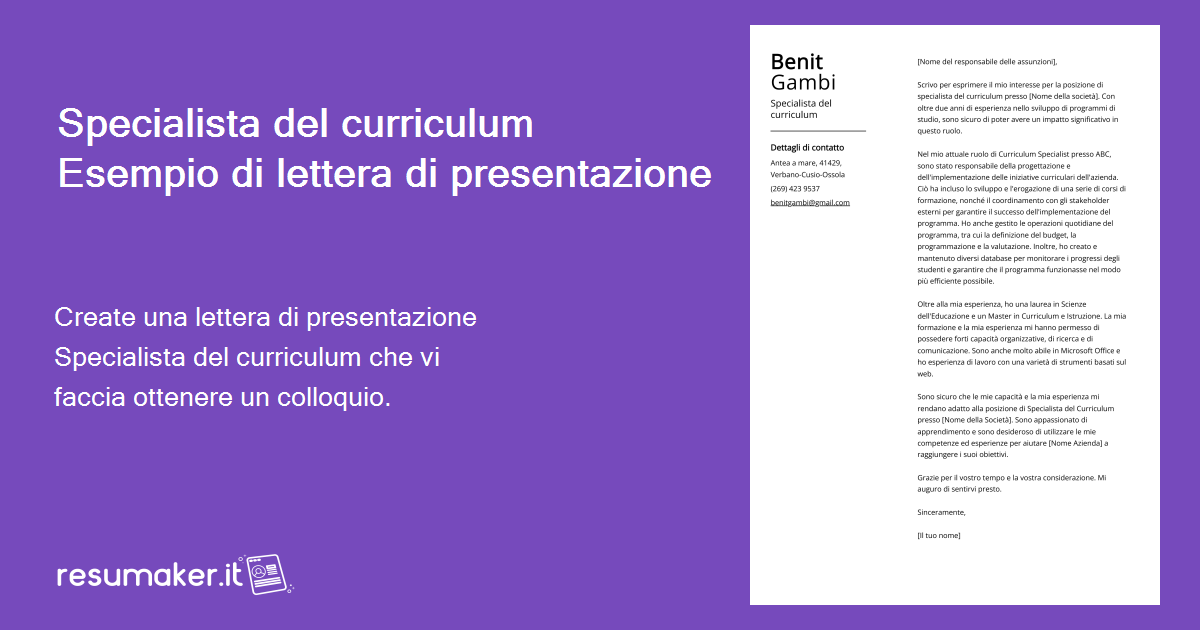 Presentazione Cv Cosa Scrivere Esempio di lettera di presentazione per 2024 Specialista del curriculum